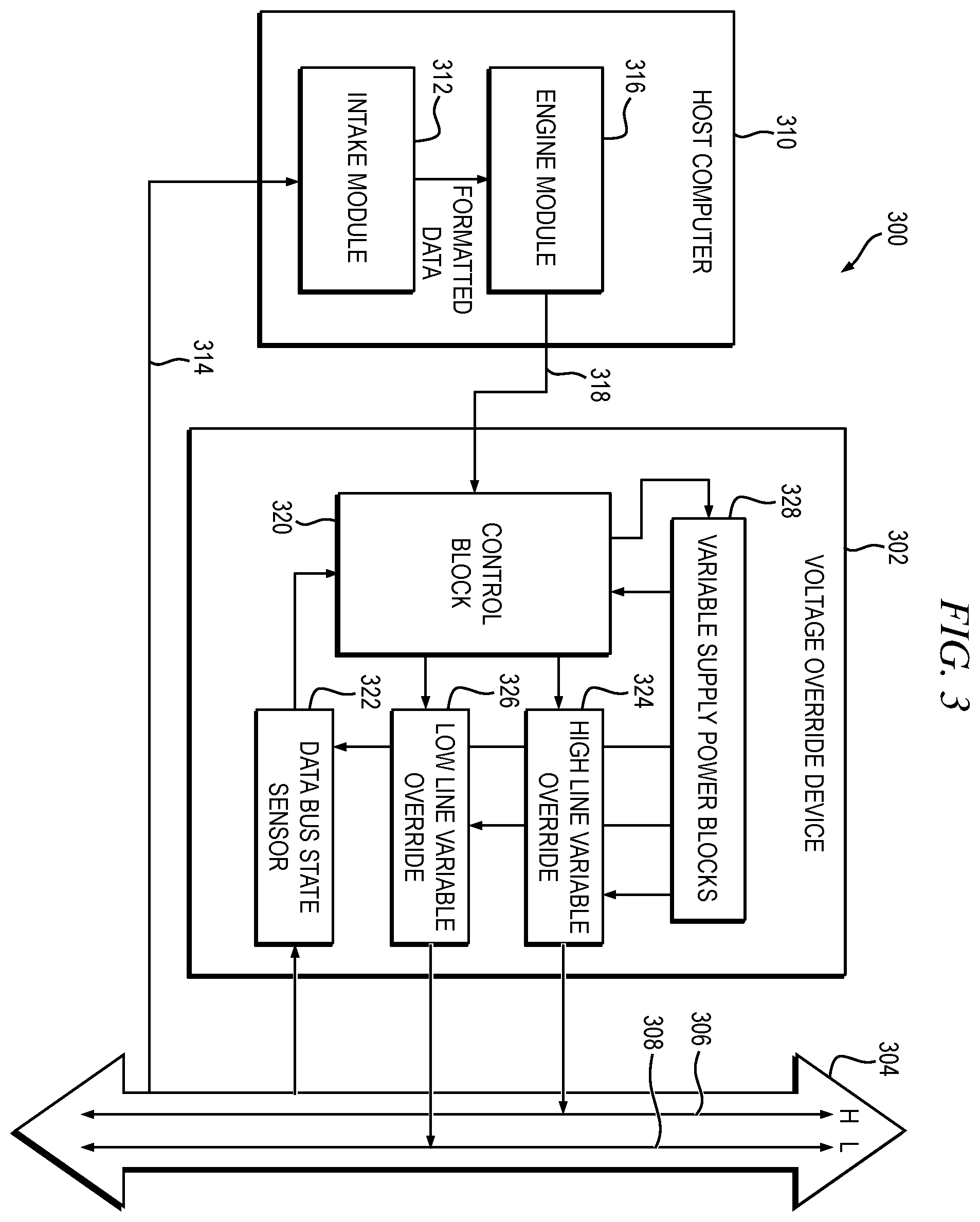 Patent US11847254 Figure 3 – Voltage override device for physical intrusion prevention on a data bus