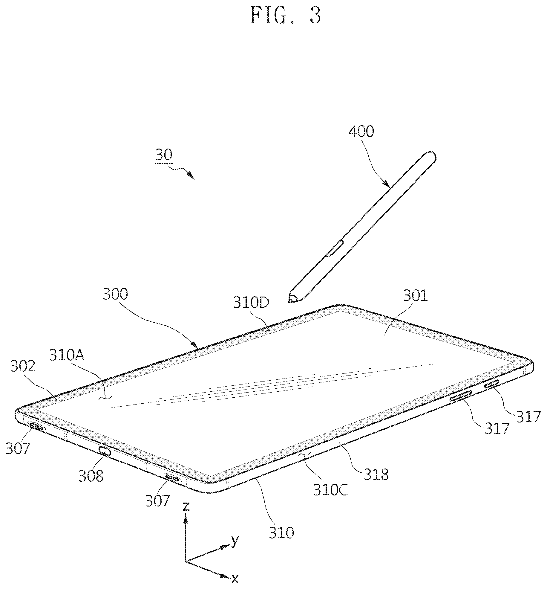 Patent US11847282 Figure 3 – Electronic device comprising pen input device and configured to reduce deterioration in antenna due to pen input device