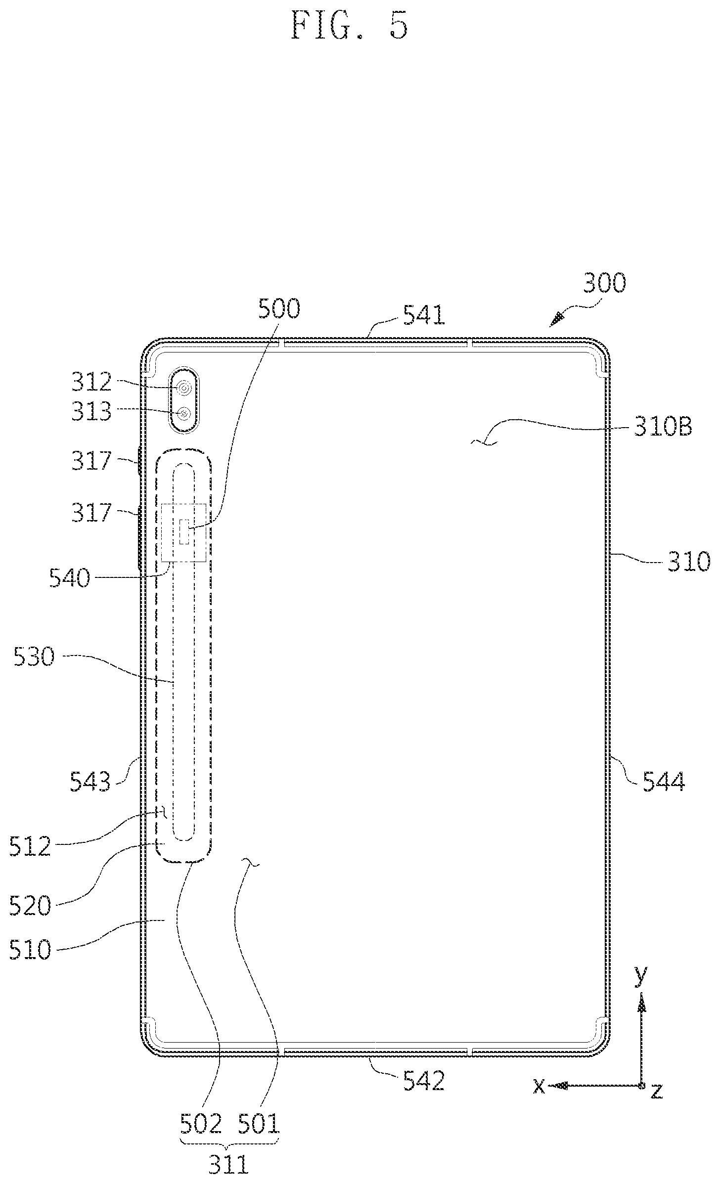 Patent US11847282 Figure 5 – Electronic device comprising pen input device and configured to reduce deterioration in antenna due to pen input device