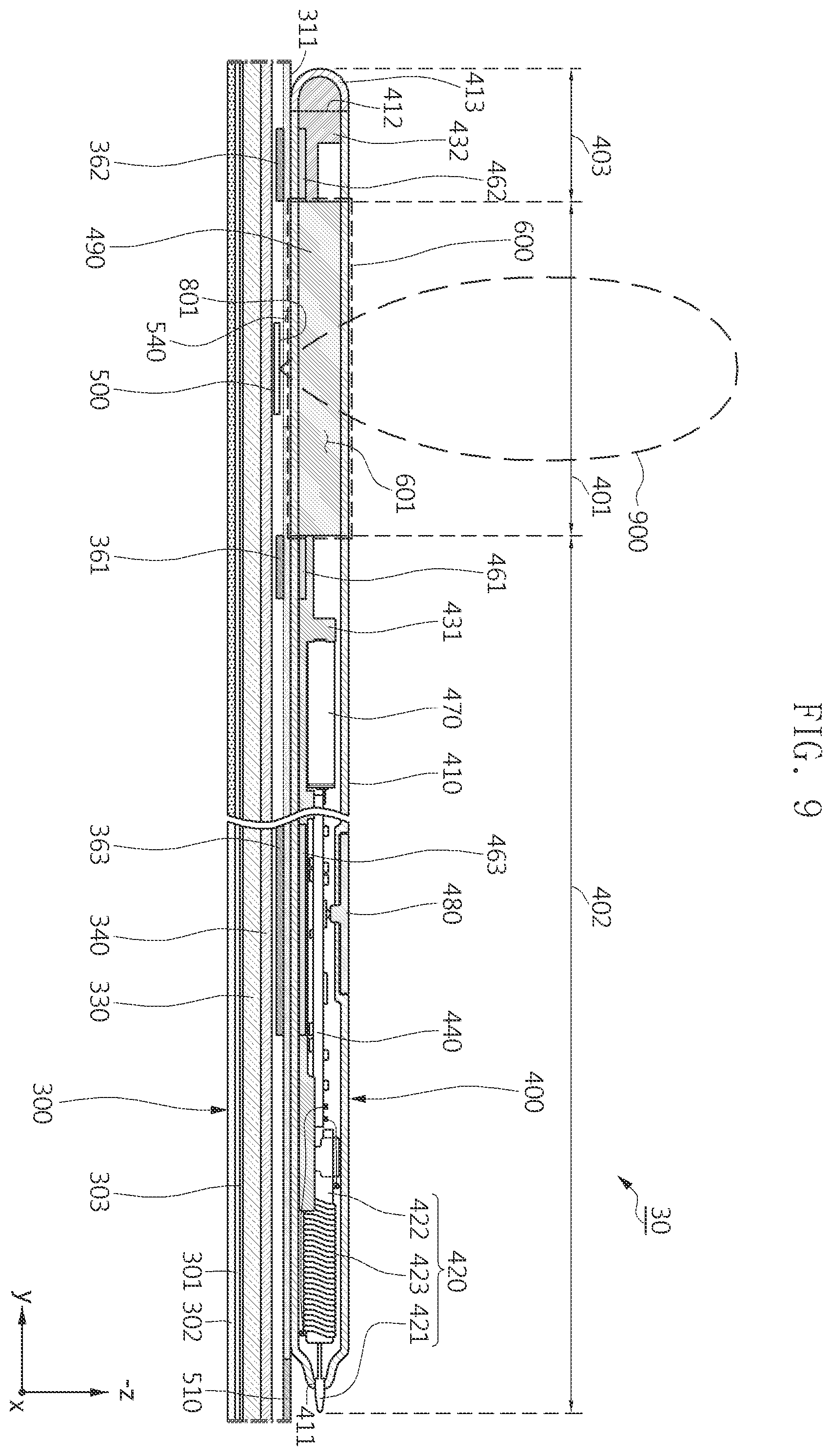 Patent US11847282 Figure 9 – Electronic device comprising pen input device and configured to reduce deterioration in antenna due to pen input device