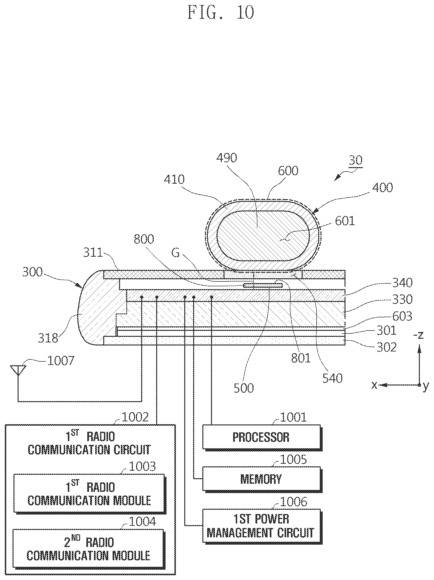 Patent US11847282 Figure 10 – Electronic device comprising pen input device and configured to reduce deterioration in antenna due to pen input device