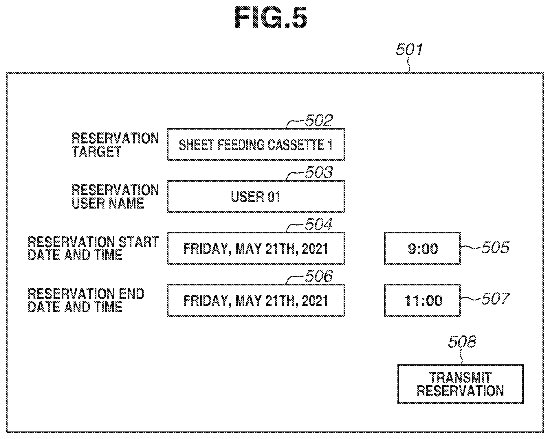 Patent US11847356 Figure 5 – Apparatus having a function of reserving a sheet feeding unit and information processing apparatus connected to the same