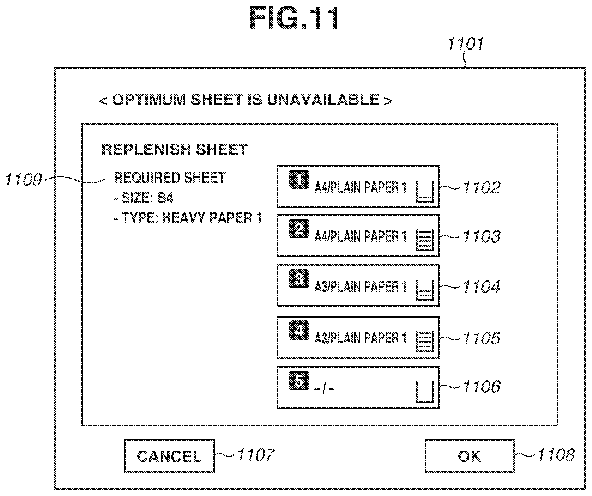 Patent US11847356 Figure 11 – Apparatus having a function of reserving a sheet feeding unit and information processing apparatus connected to the same