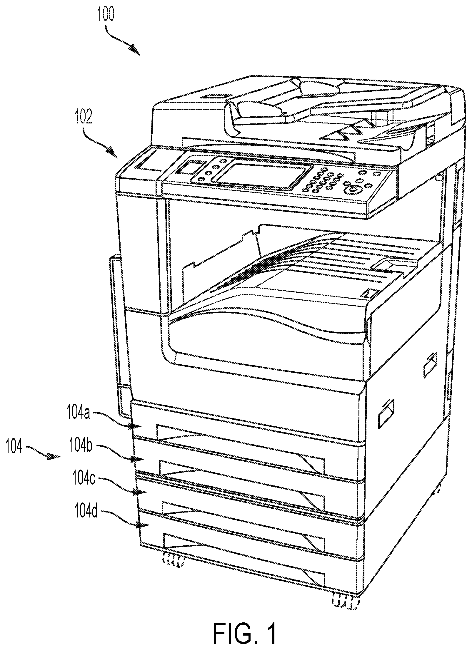 Patent US11847366 — Reserving a tray for a user for special media printing — Figure 1