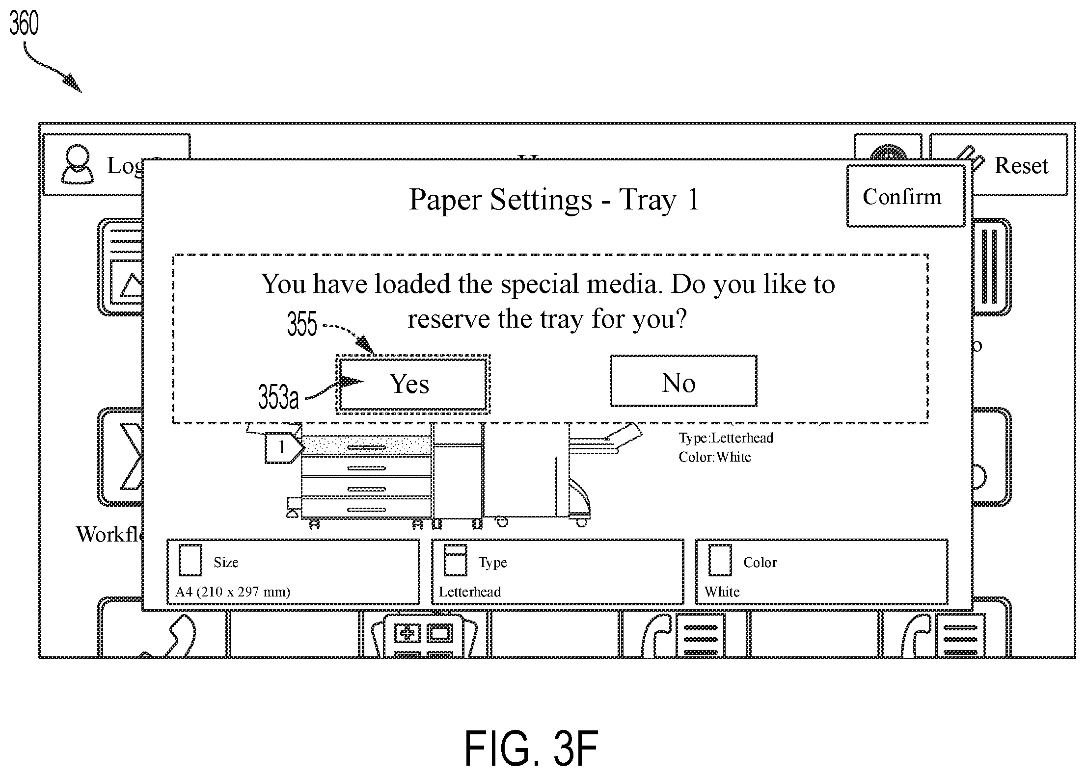 Patent US11847366 Figure 8 – Reserving a tray for a user for special media printing