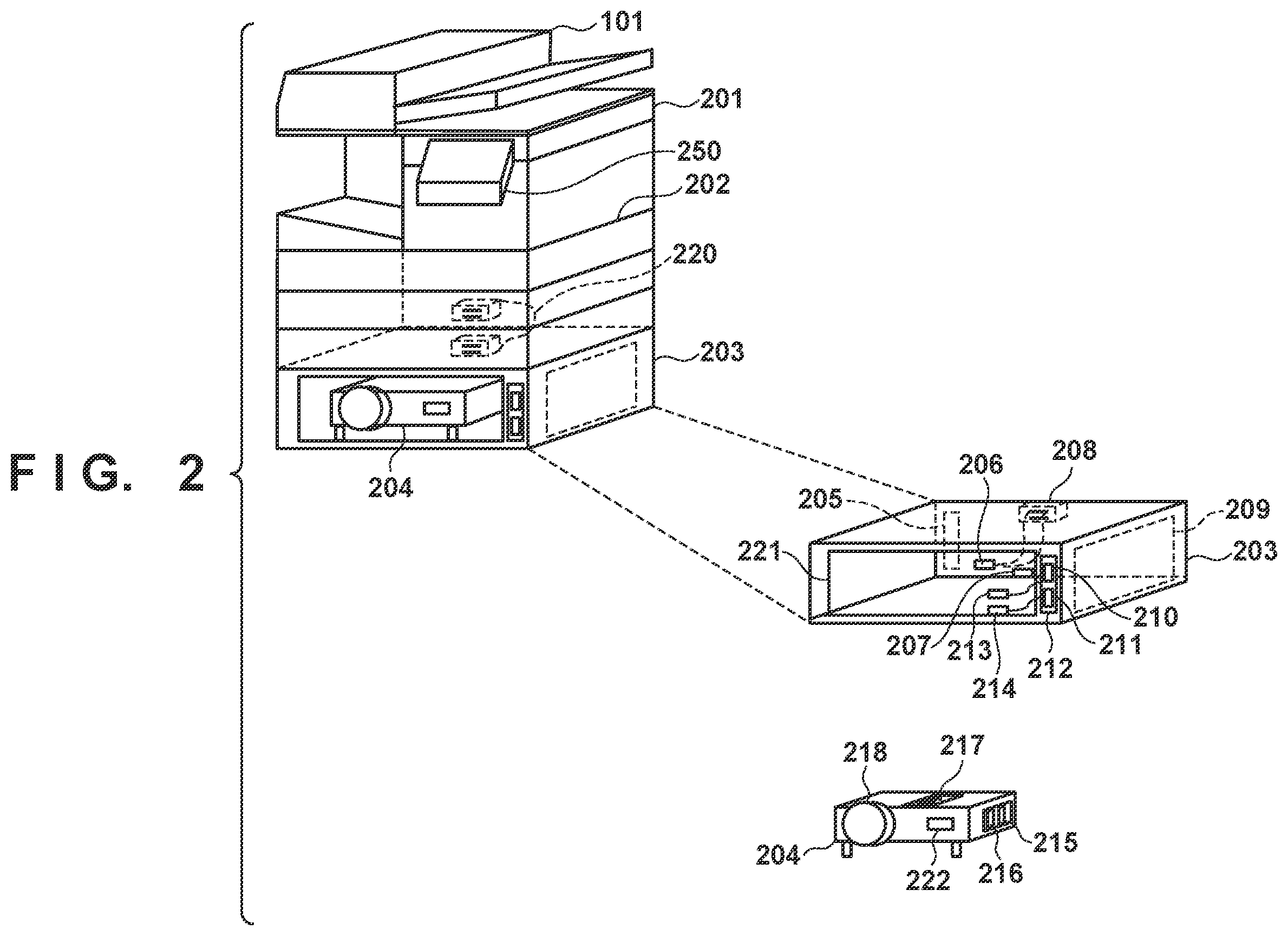 Patent US11847367 Figure 2 – Printing system, method of controlling printing system, and storage medium comprising a projection unit that projects an image, accept a request to print a projected image, determining whether or not printing based on a captured image of the image projected is possible and restrict or permit printing based on the determination