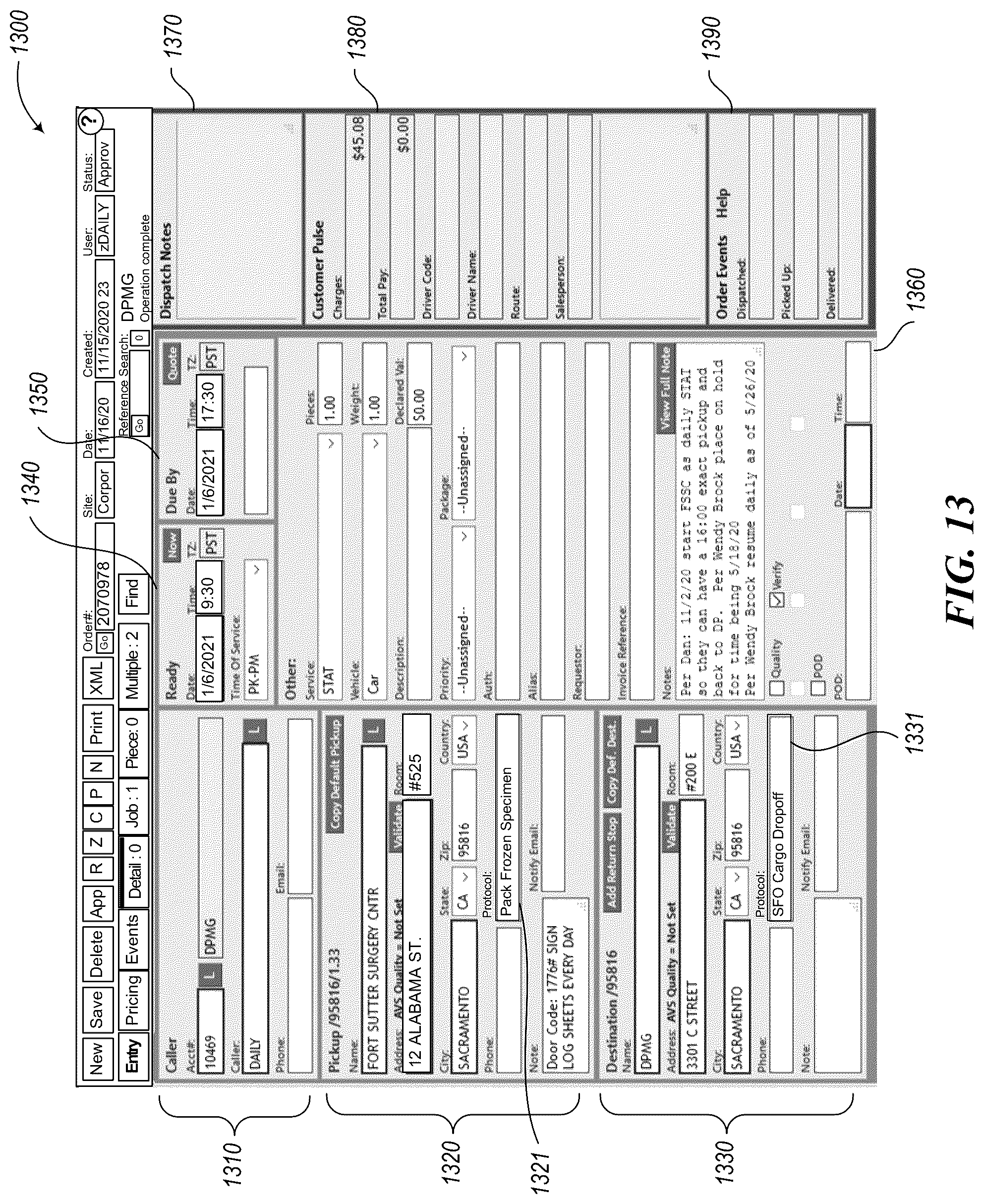 Patent US11847605 Figure 13 – Discharging courier service assignments