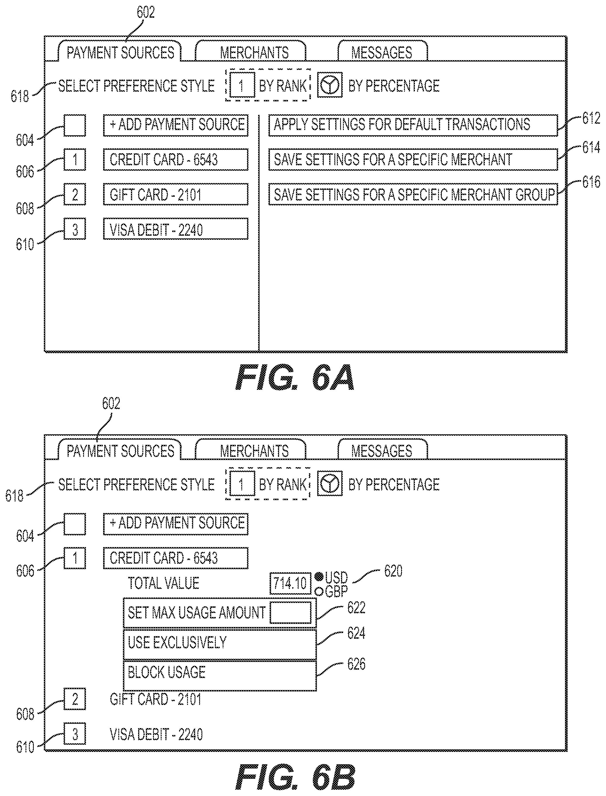 Patent US11847628 Figure 8 – User interfaces for using shared databases for managing supplemental payment sources