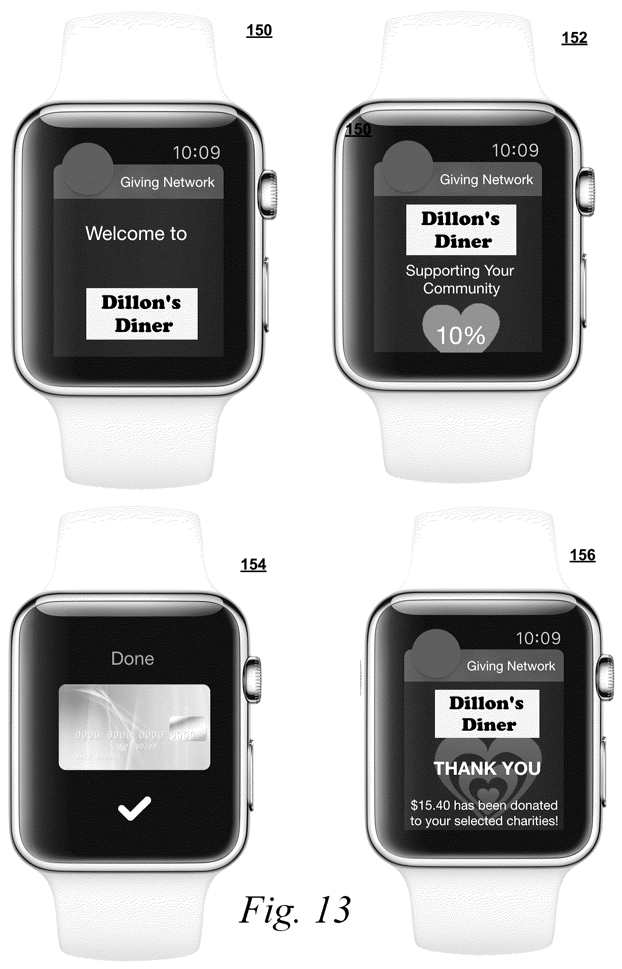 Patent US11847672 Figure 13 – Mobile device proximity triggered transaction based merchant donation
