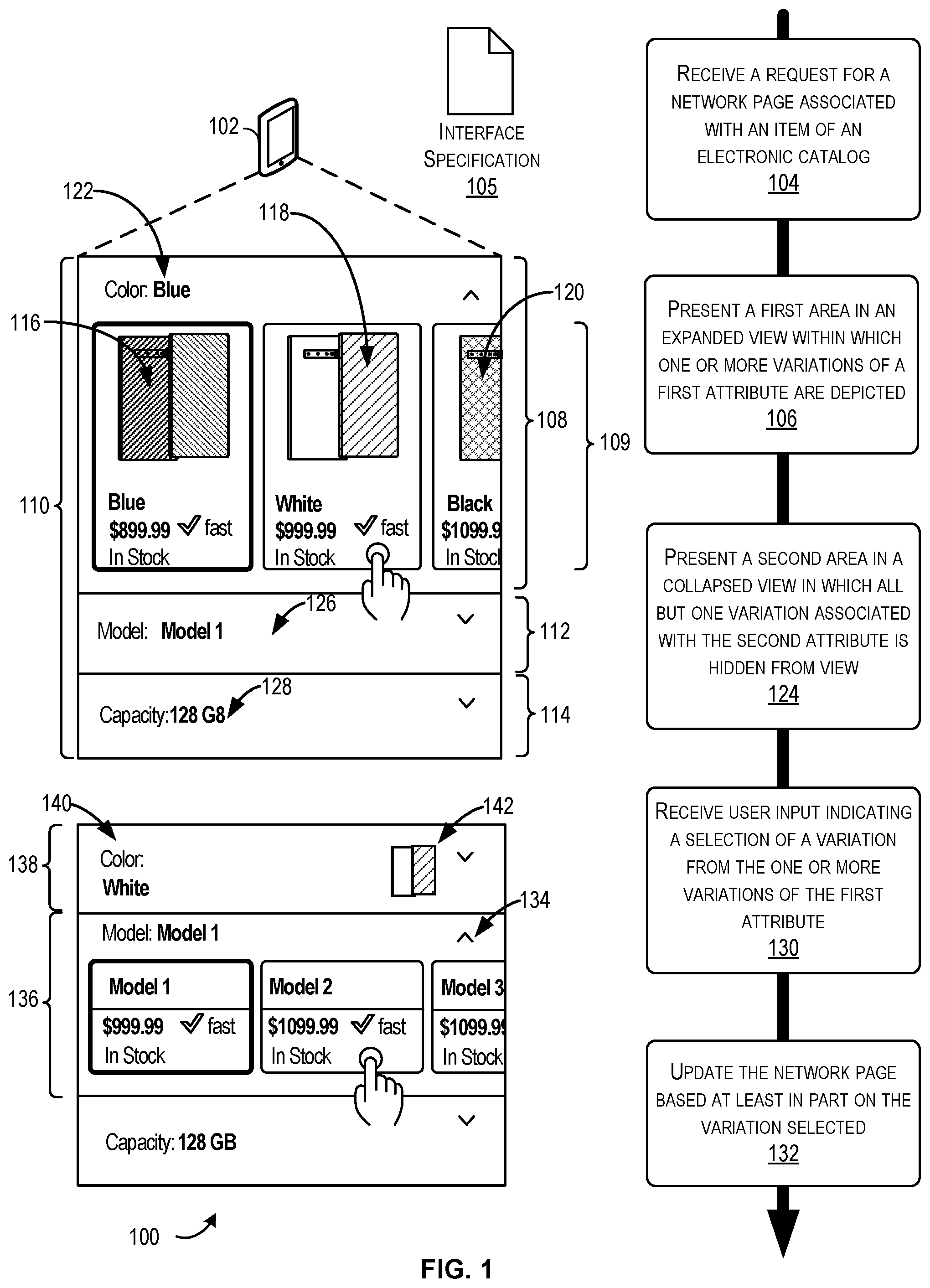 Patent US11847680 Figure 1 – Computer-implemented method, a computing device, and a non-transitory computer readable storage medium for presenting attribute variations