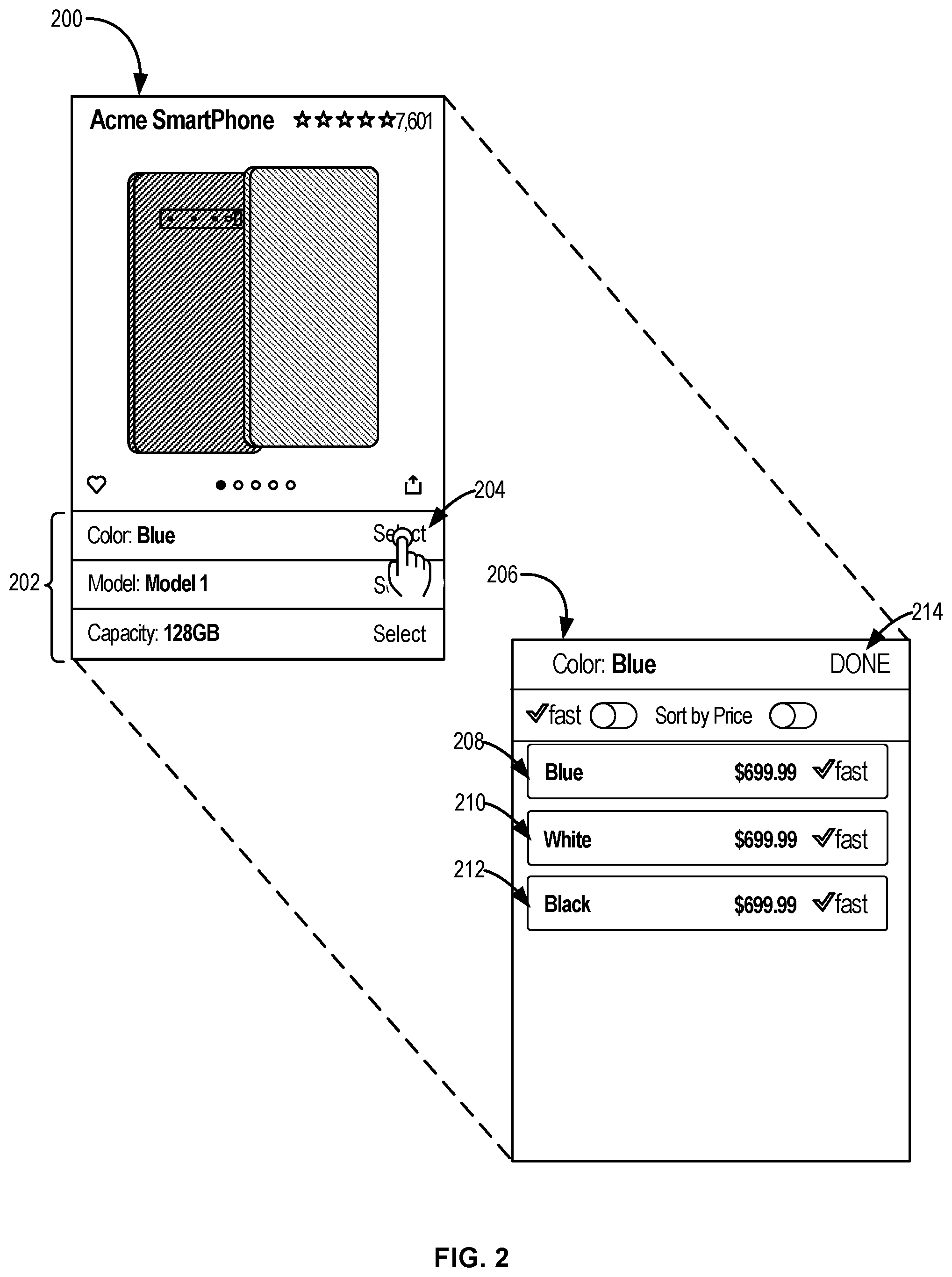 Patent US11847680 Figure 2 – Computer-implemented method, a computing device, and a non-transitory computer readable storage medium for presenting attribute variations