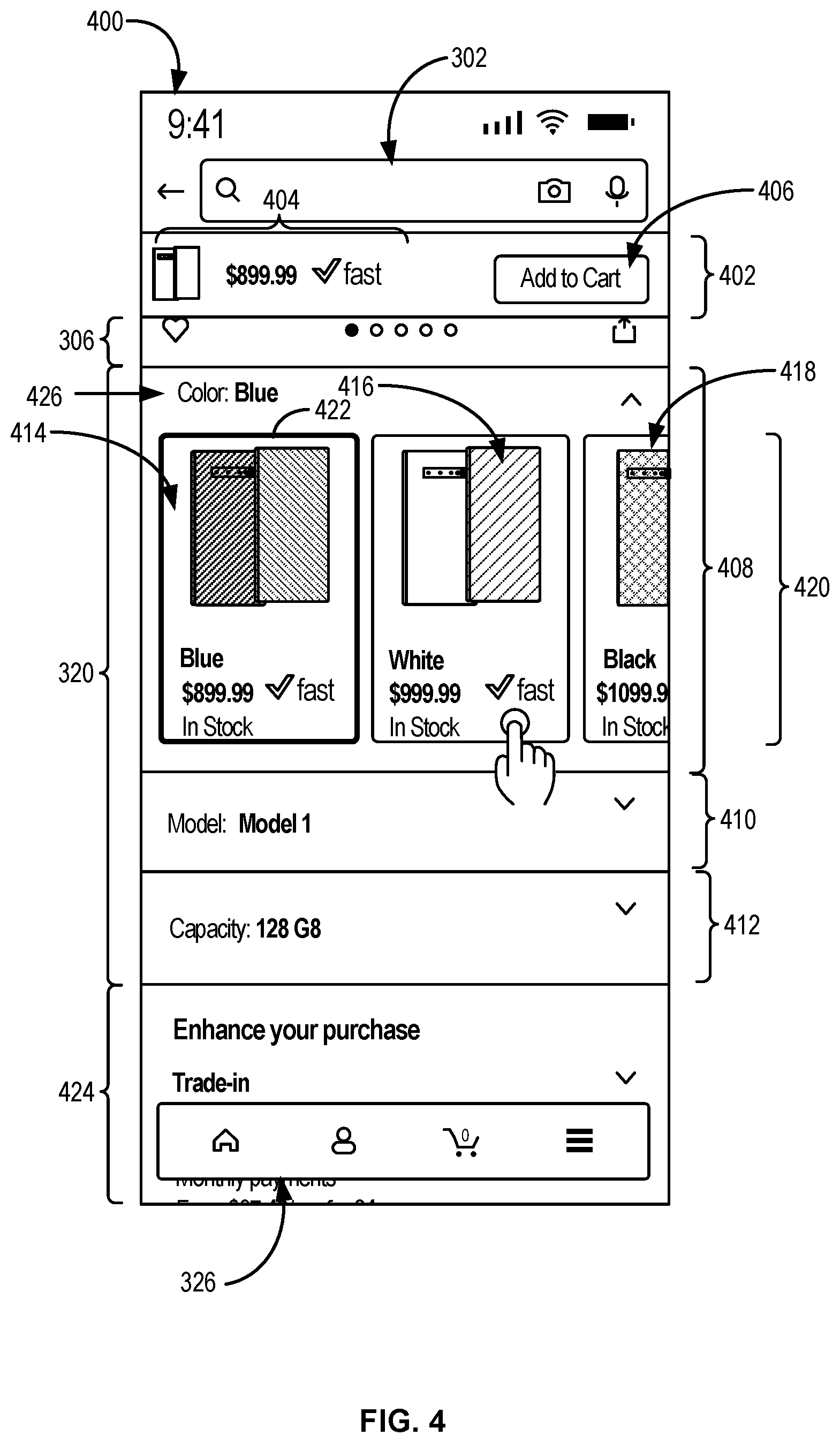 Patent US11847680 Figure 4 – Computer-implemented method, a computing device, and a non-transitory computer readable storage medium for presenting attribute variations