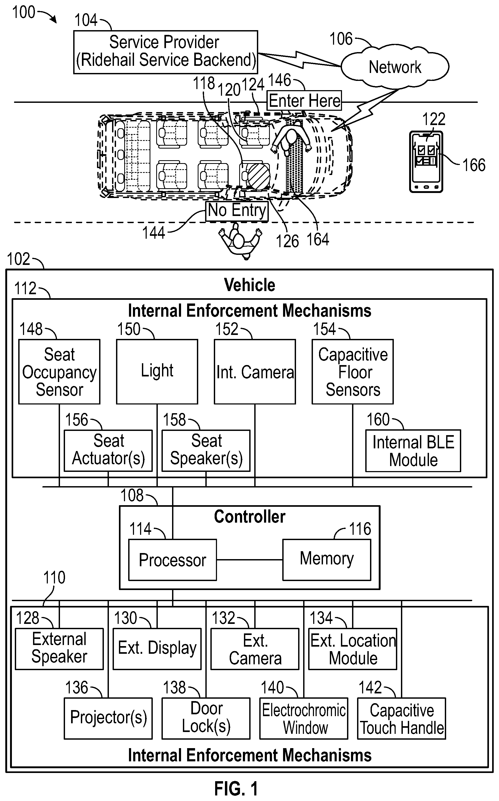 Patent US11847712 Figure 1 – Ridehail seat reservation enforcement systems and methods