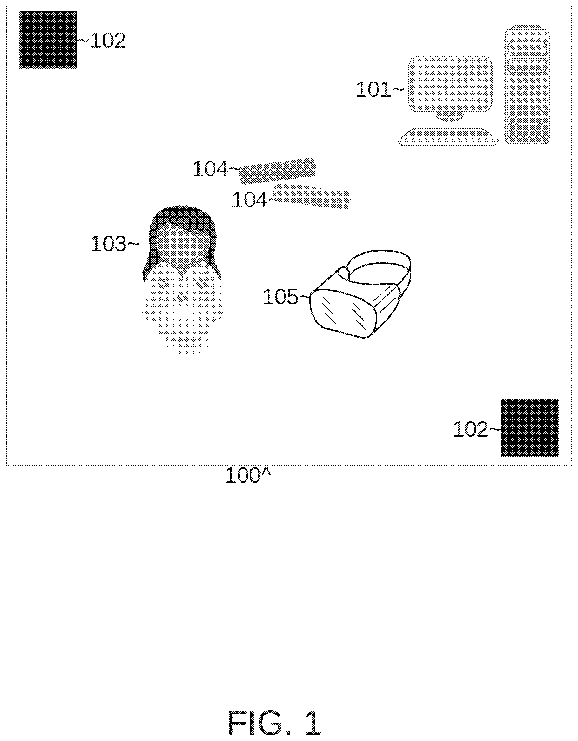 Patent US11847745 Figure 1 – Collision avoidance system for head mounted display utilized in room scale virtual reality system