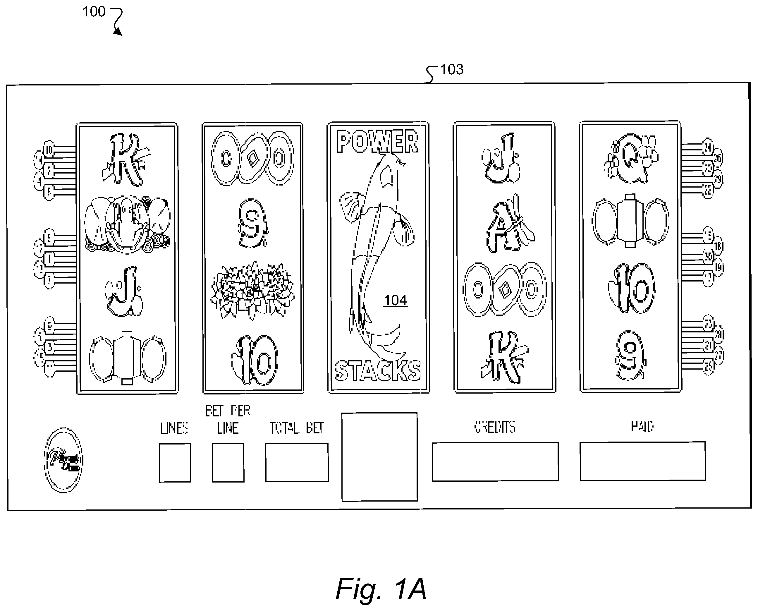 Patent US11847884 Figure 1 – Wagering game, gaming machine, networked gaming system and method with nudging re-spinning stacked wilds