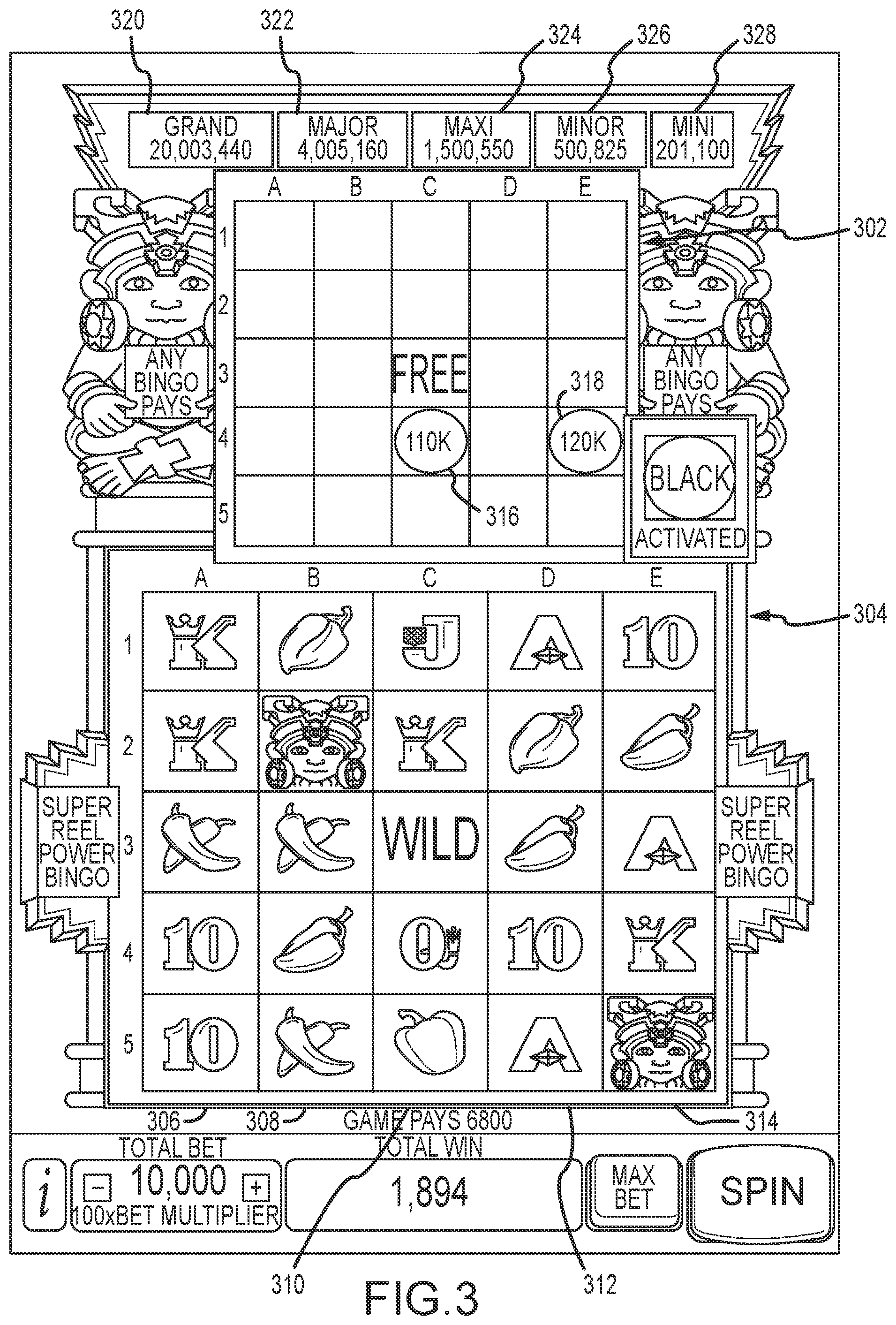 Patent US11847890 Figure 3 – Systems and methods for playing a wagering game in which symbols are populated from one or more reels to a bingo card