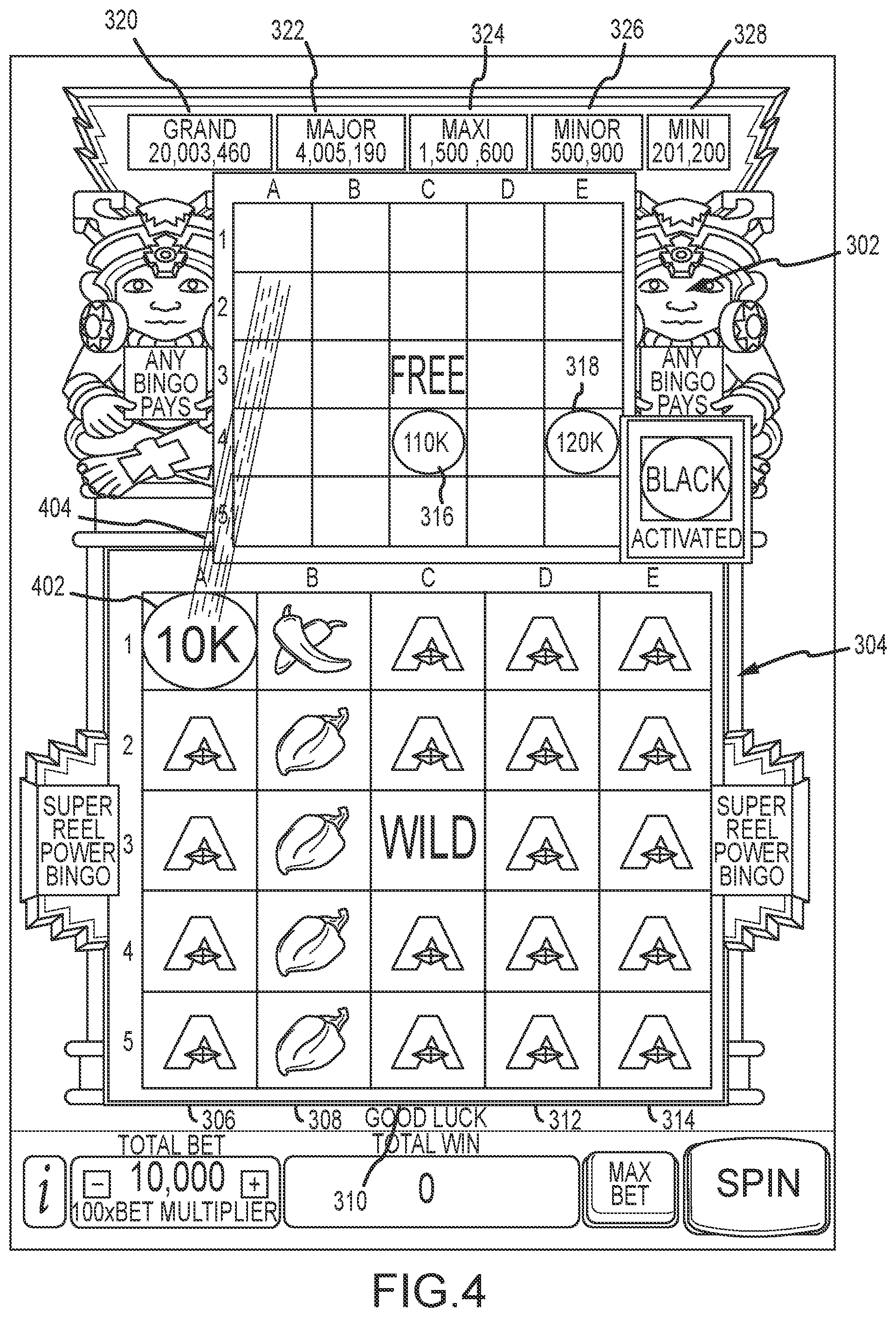 Patent US11847890 Figure 4 – Systems and methods for playing a wagering game in which symbols are populated from one or more reels to a bingo card