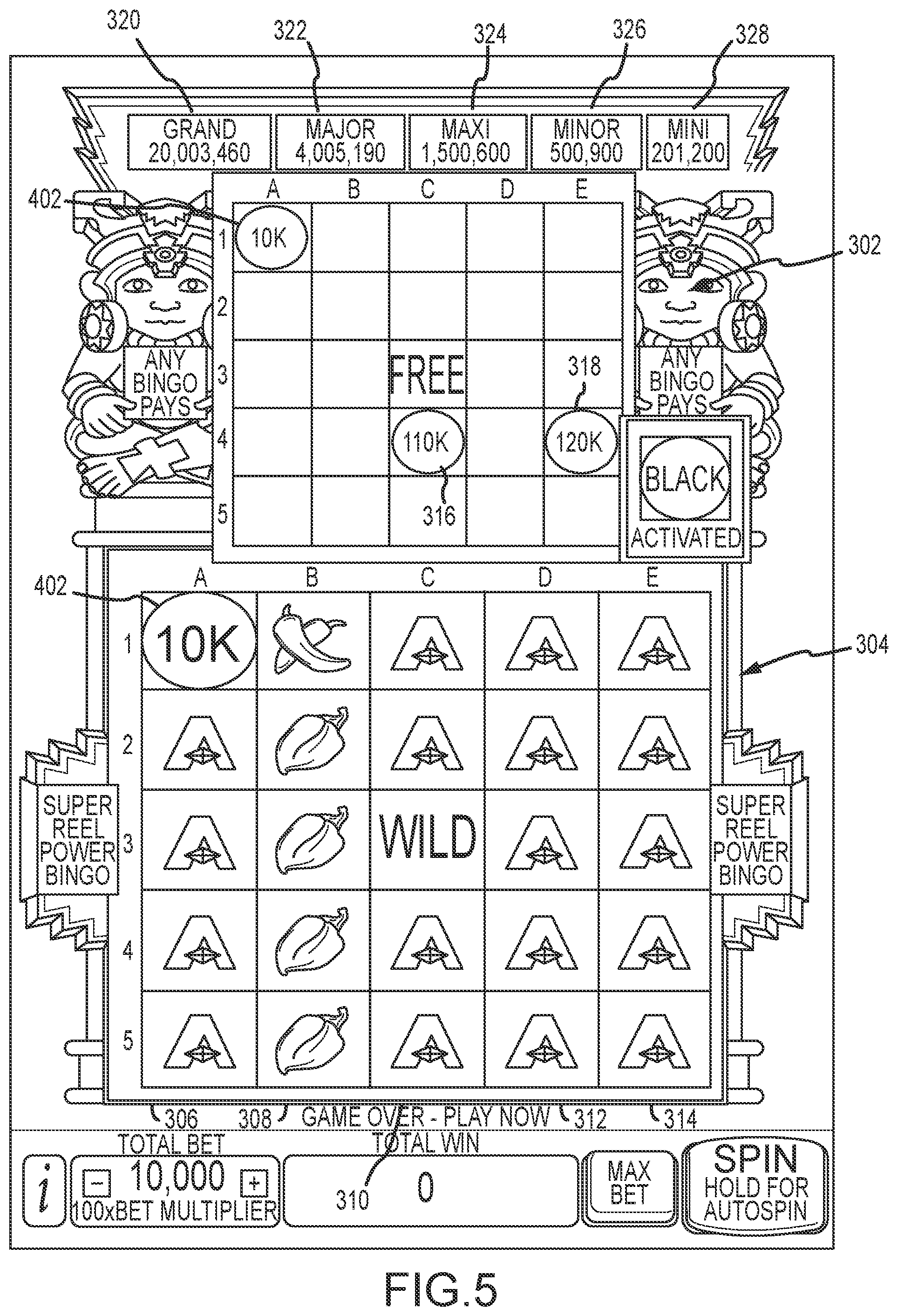 Patent US11847890 Figure 5 – Systems and methods for playing a wagering game in which symbols are populated from one or more reels to a bingo card