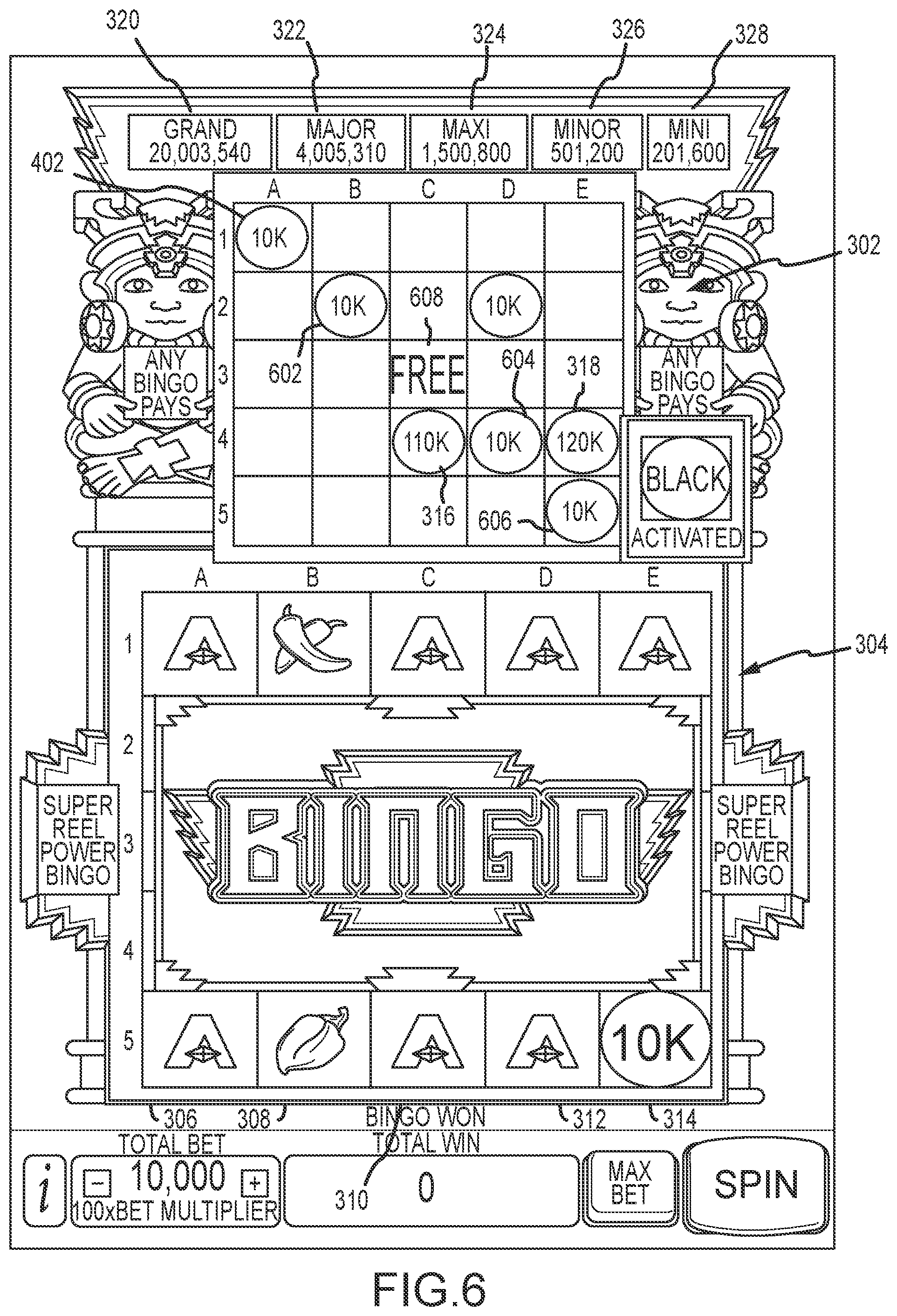 Patent US11847890 Figure 6 – Systems and methods for playing a wagering game in which symbols are populated from one or more reels to a bingo card