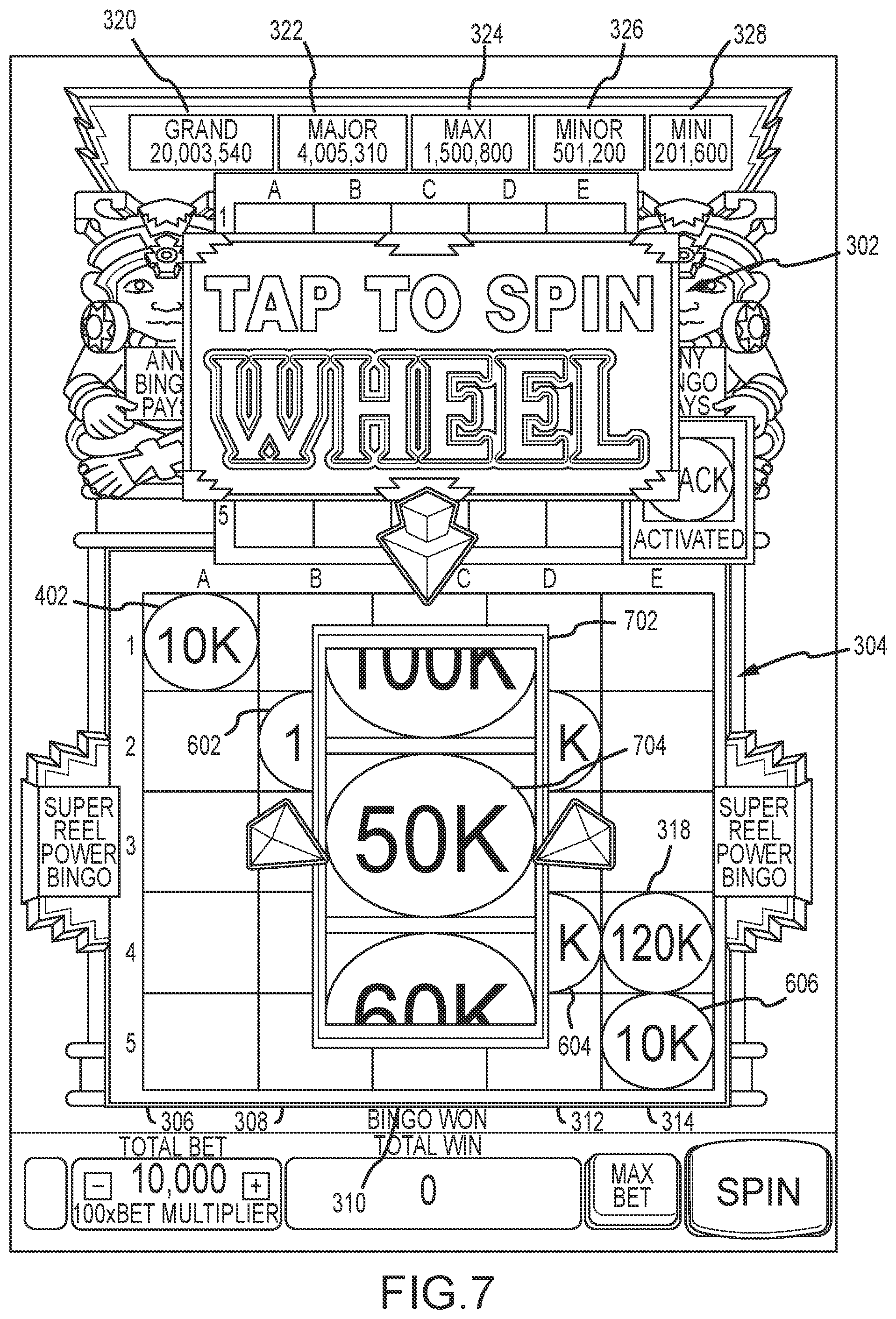 Patent US11847890 Figure 7 – Systems and methods for playing a wagering game in which symbols are populated from one or more reels to a bingo card