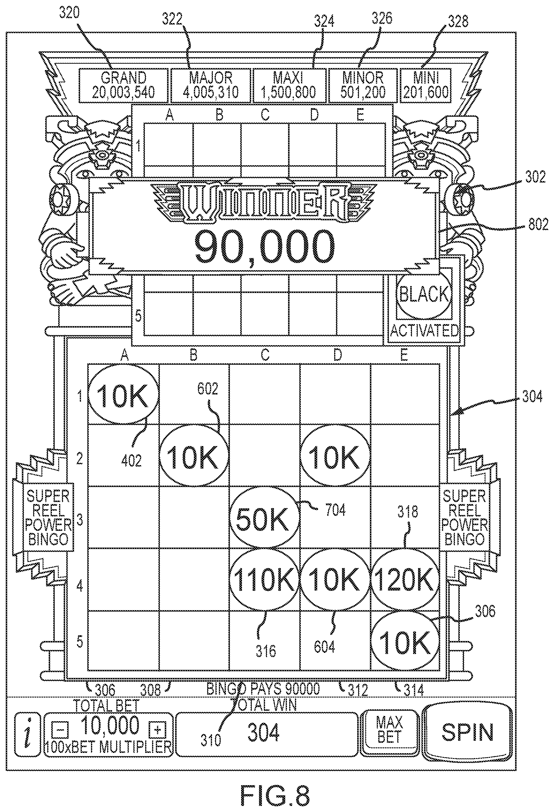 Patent US11847890 Figure 8 – Systems and methods for playing a wagering game in which symbols are populated from one or more reels to a bingo card