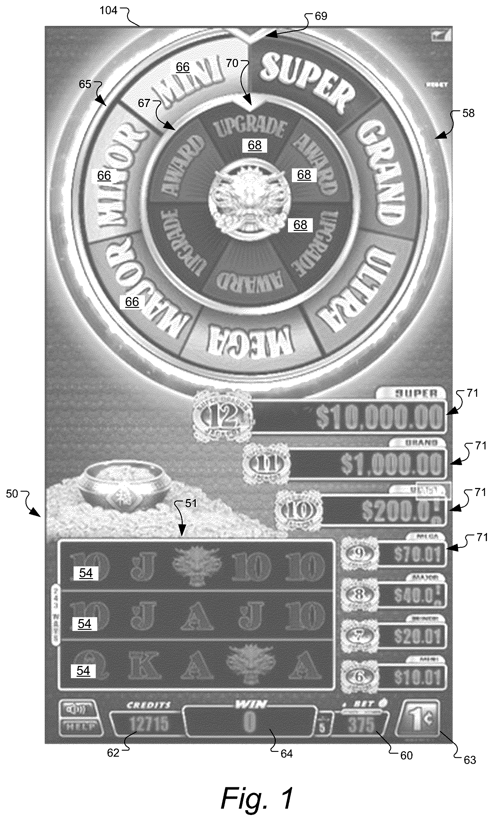 Patent US11847893 Figure 1 – Gaming machine and method with control outcomes in bonus games having bonus prize tiers