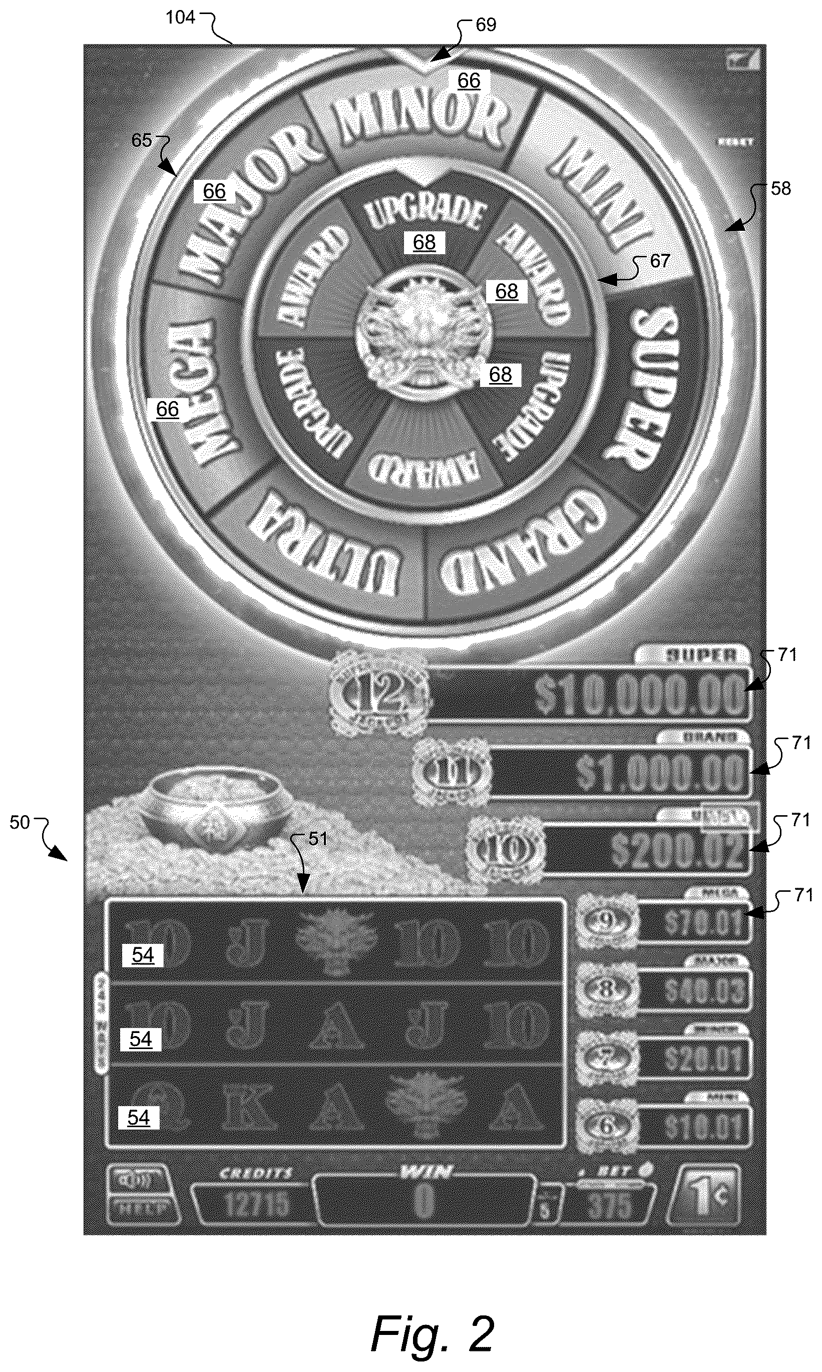 Patent US11847893 Figure 2 – Gaming machine and method with control outcomes in bonus games having bonus prize tiers