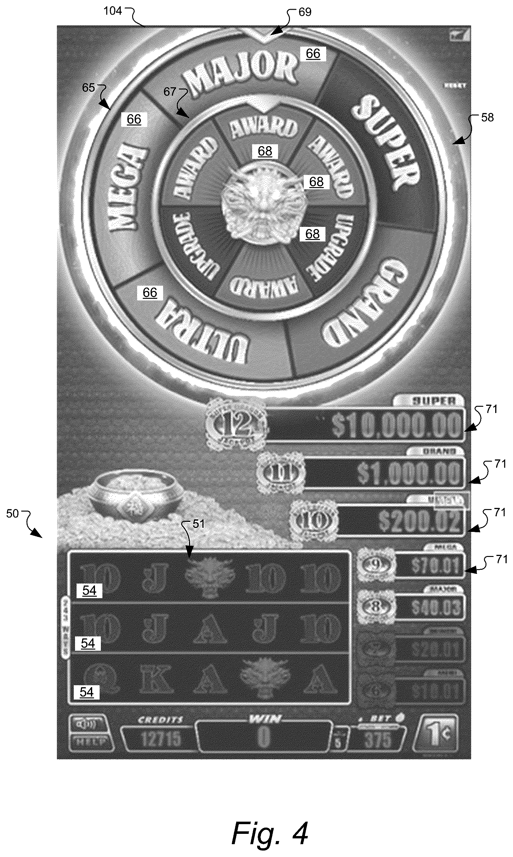 Patent US11847893 Figure 4 – Gaming machine and method with control outcomes in bonus games having bonus prize tiers