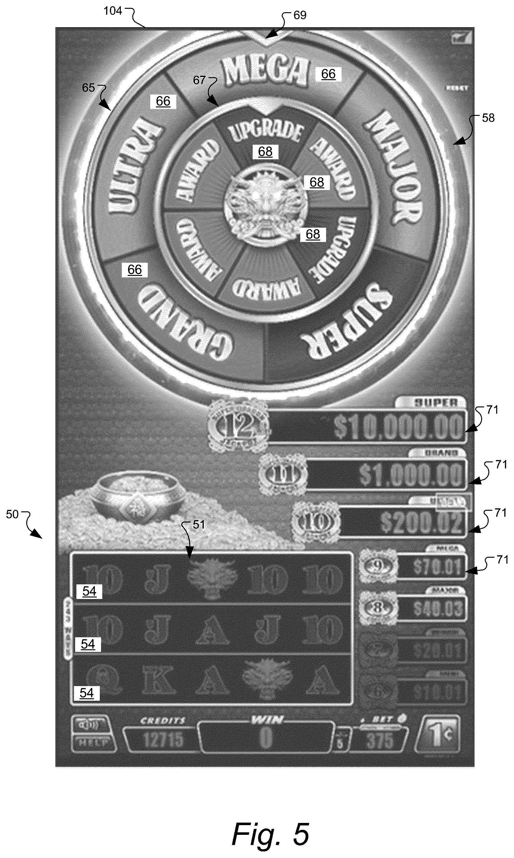 Patent US11847893 Figure 5 – Gaming machine and method with control outcomes in bonus games having bonus prize tiers