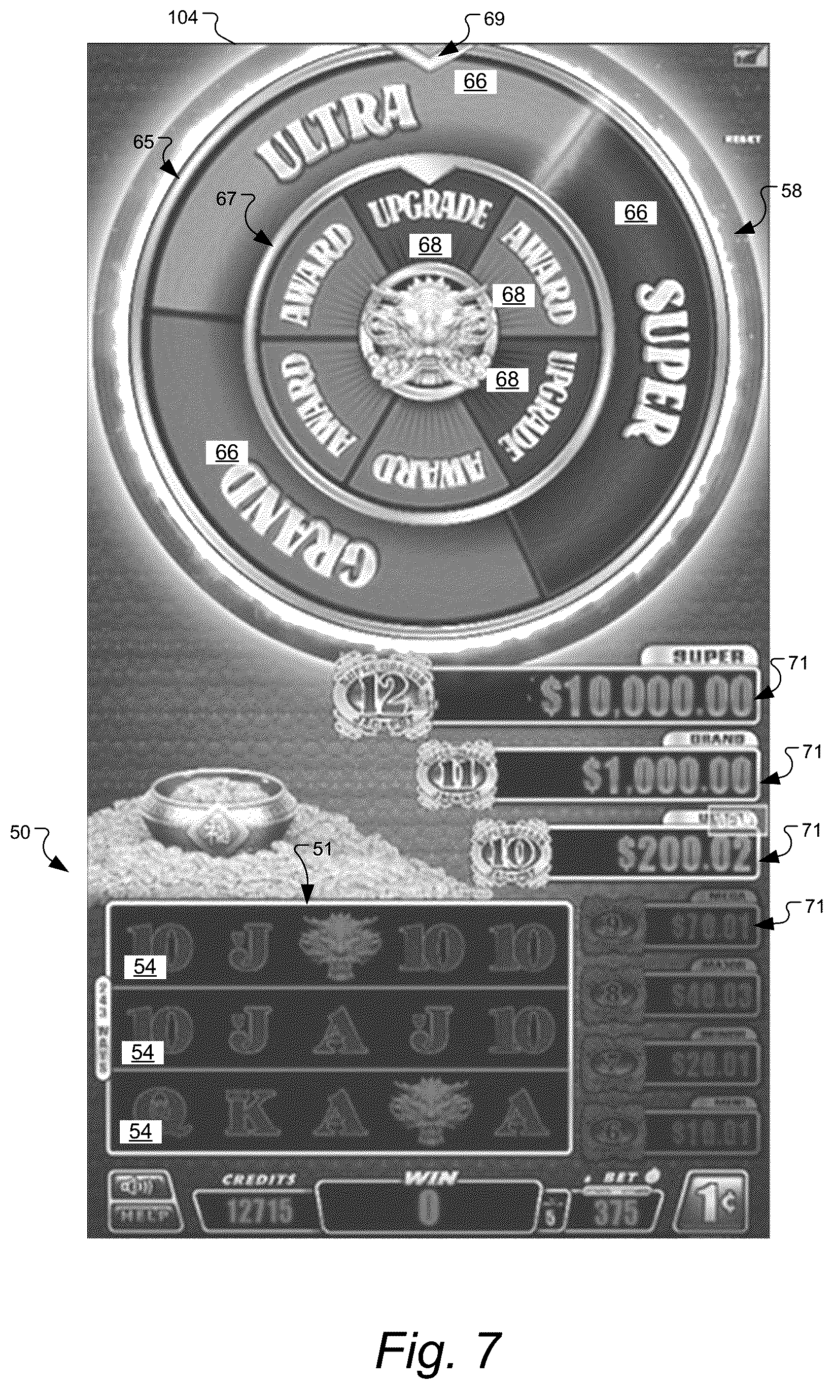 Patent US11847893 Figure 7 – Gaming machine and method with control outcomes in bonus games having bonus prize tiers