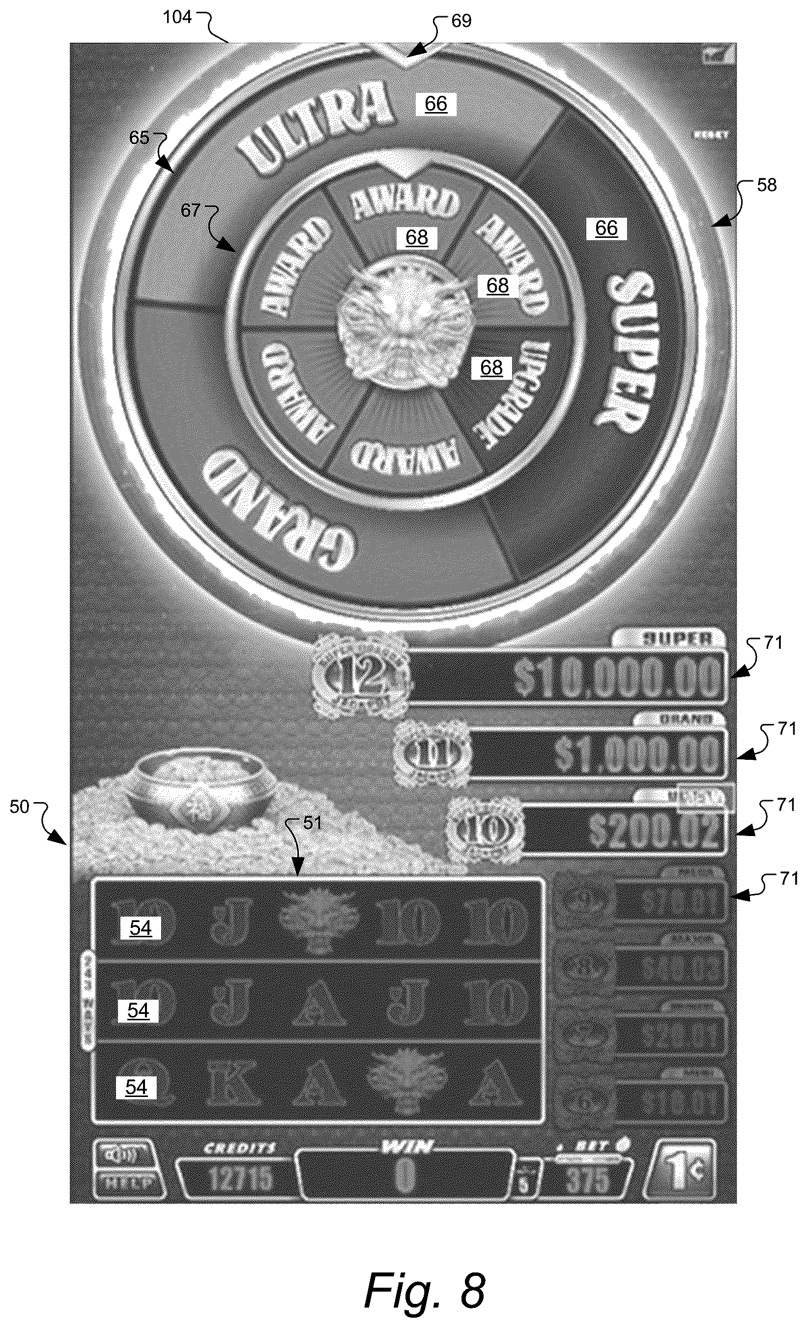 Patent US11847893 Figure 8 – Gaming machine and method with control outcomes in bonus games having bonus prize tiers