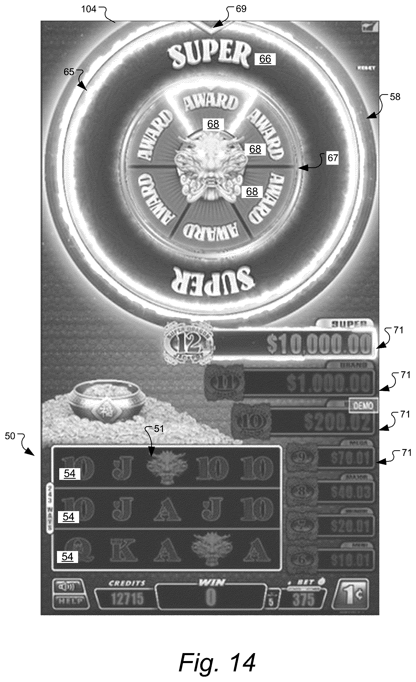 Patent US11847893 Figure 14 – Gaming machine and method with control outcomes in bonus games having bonus prize tiers