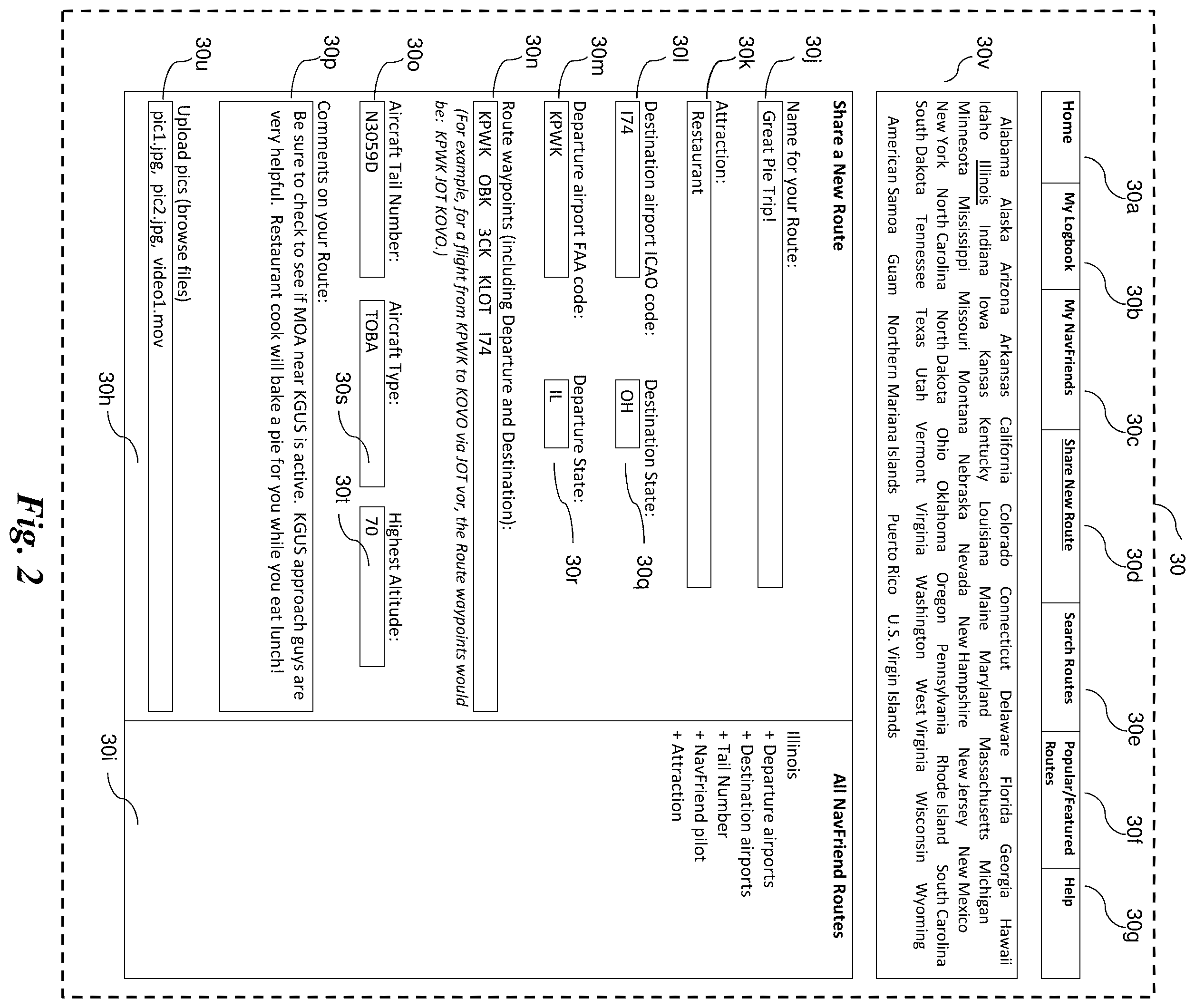Patent US11847921 Figure 2 – Database system to organize selectable items for users related to route planning