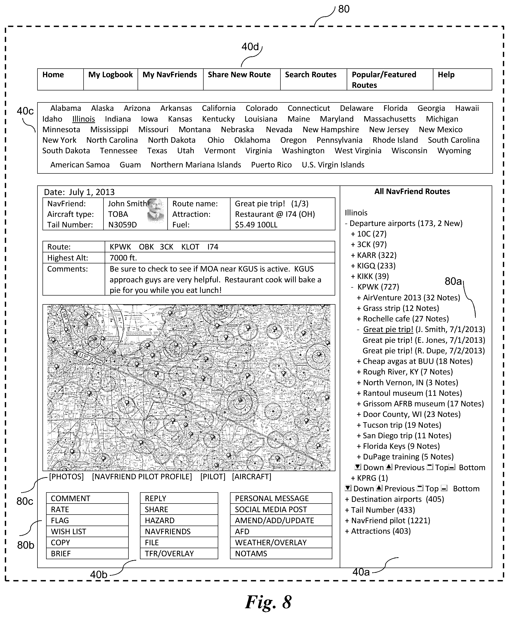 Patent US11847921 Figure 8 – Database system to organize selectable items for users related to route planning
