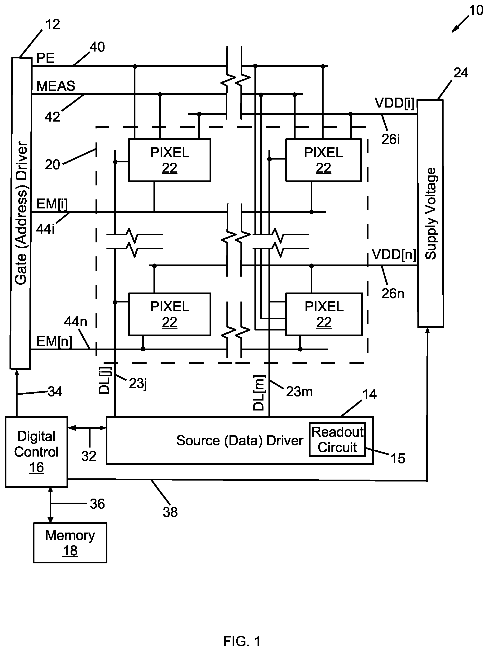 Patent US11847976 Figure 1 – Pixel measurement through data line