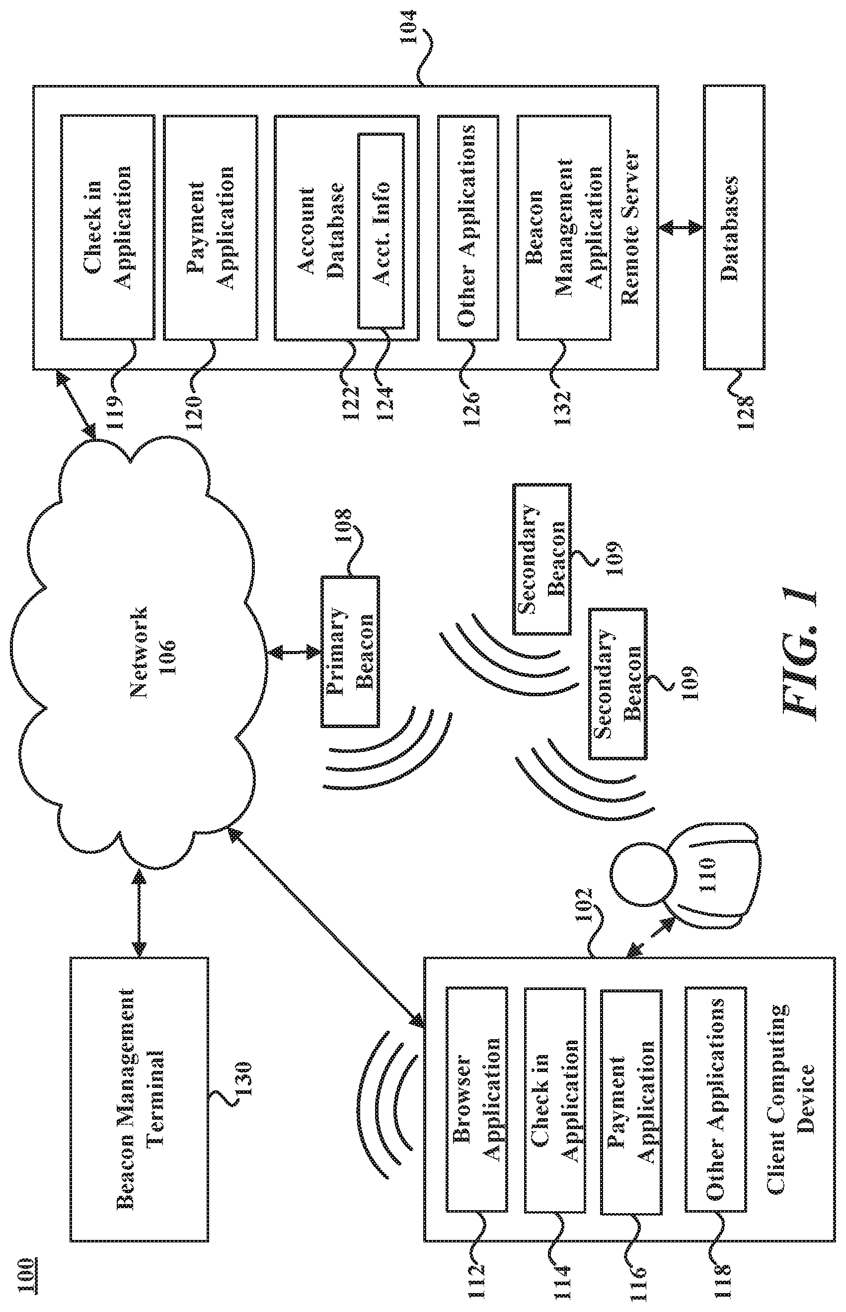 Patent US11854050 Figure 1 – Managing multiple beacons with a network-connected primary beacon