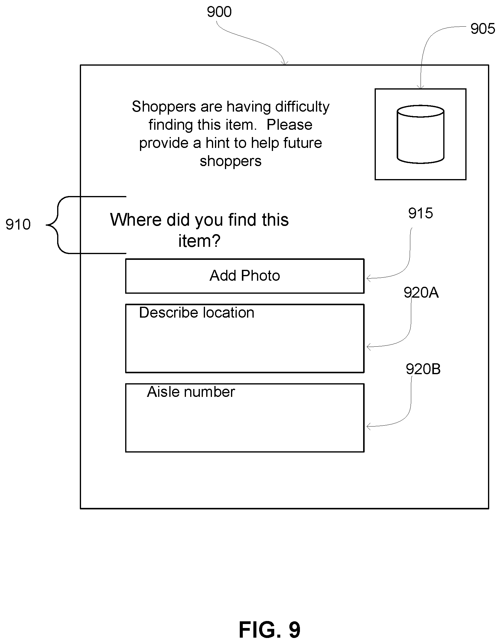 Patent US11854063 Figure 9 – Providing information for locating an item within a warehouse from a shopper to other shoppers retrieving the item from the warehouse