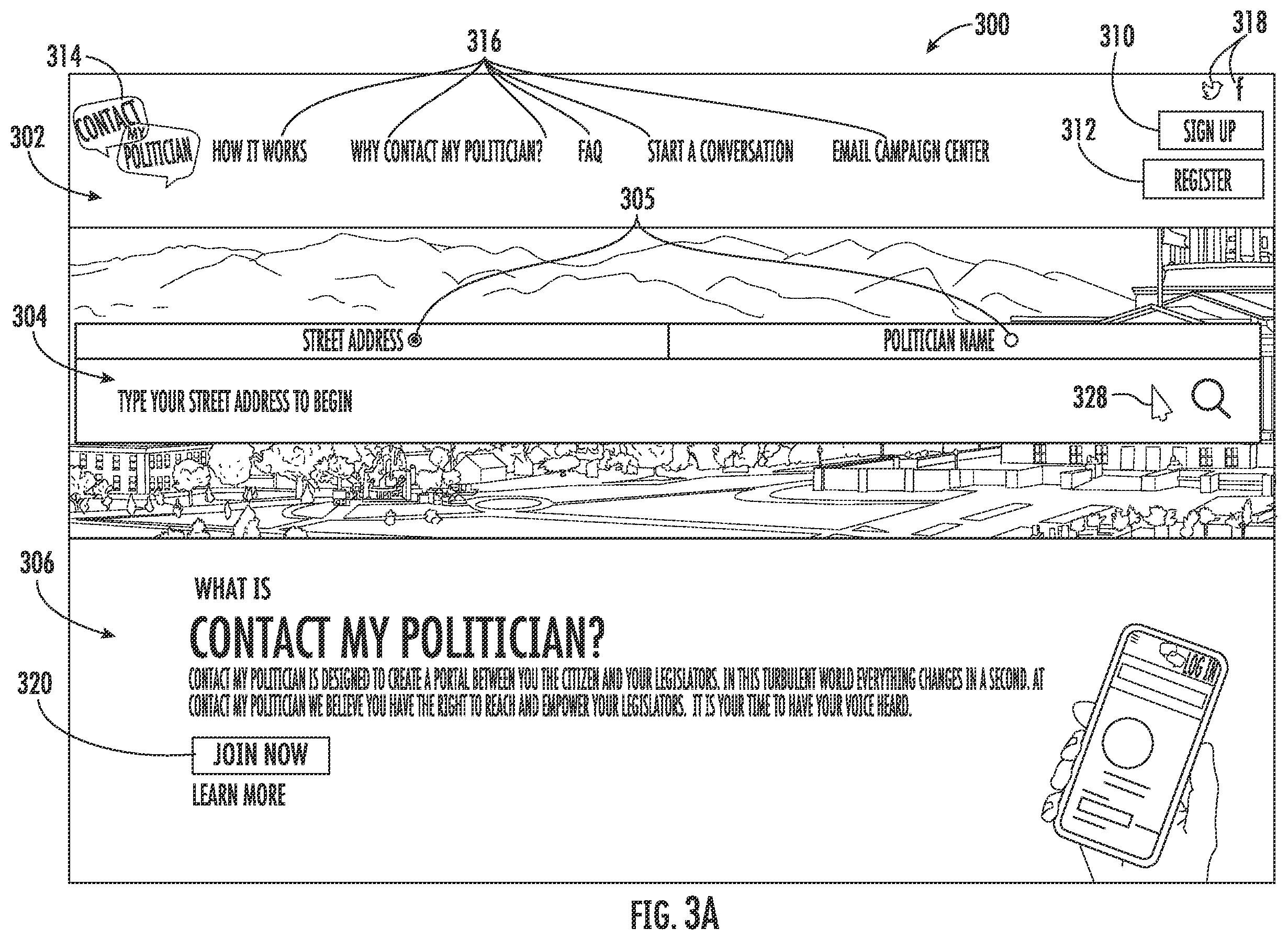 Patent US11854093 Figure 3 – Graphical user interface and method of generation for contacting government representatives