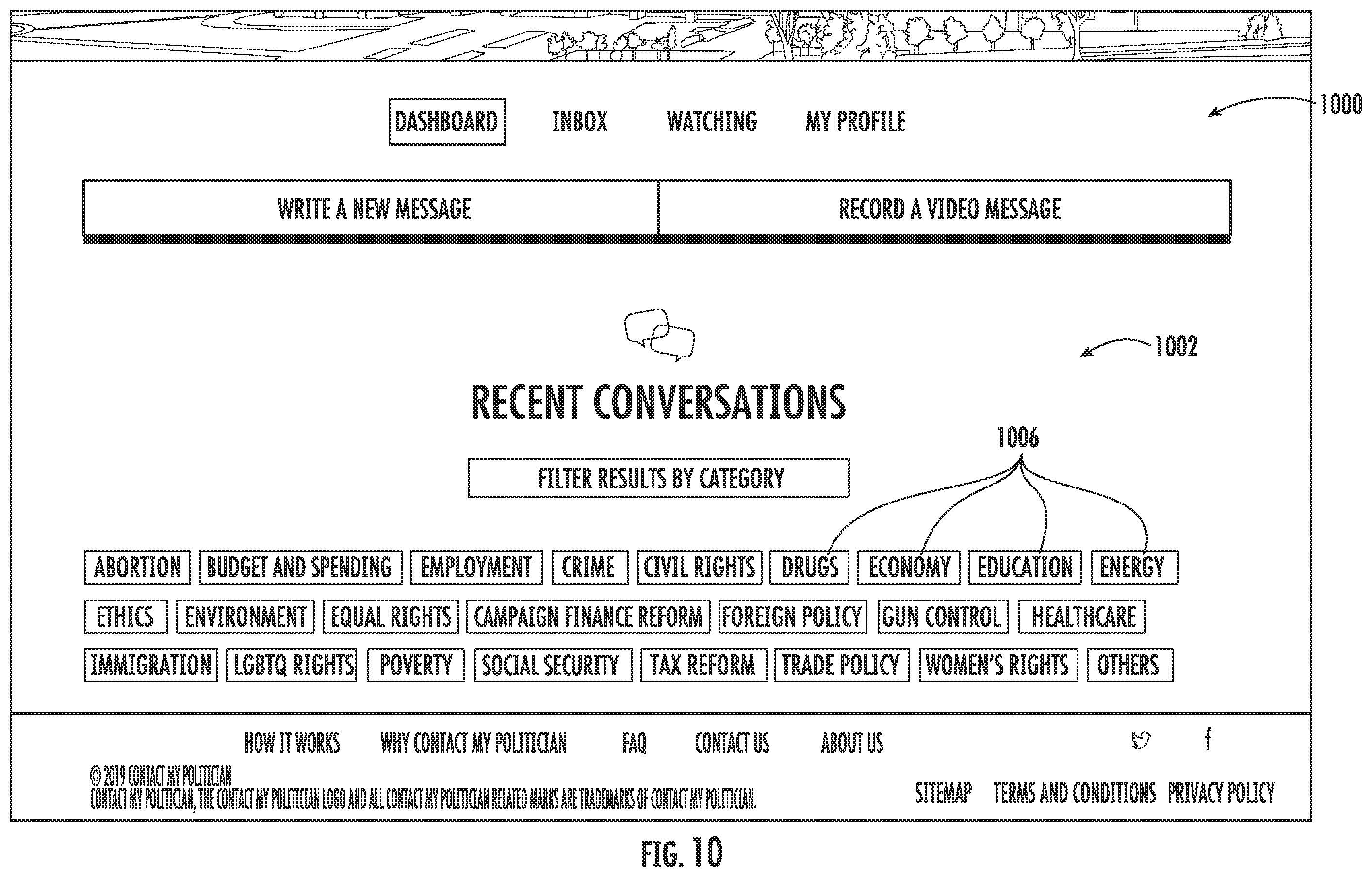 Patent US11854093 Figure 19 – Graphical user interface and method of generation for contacting government representatives