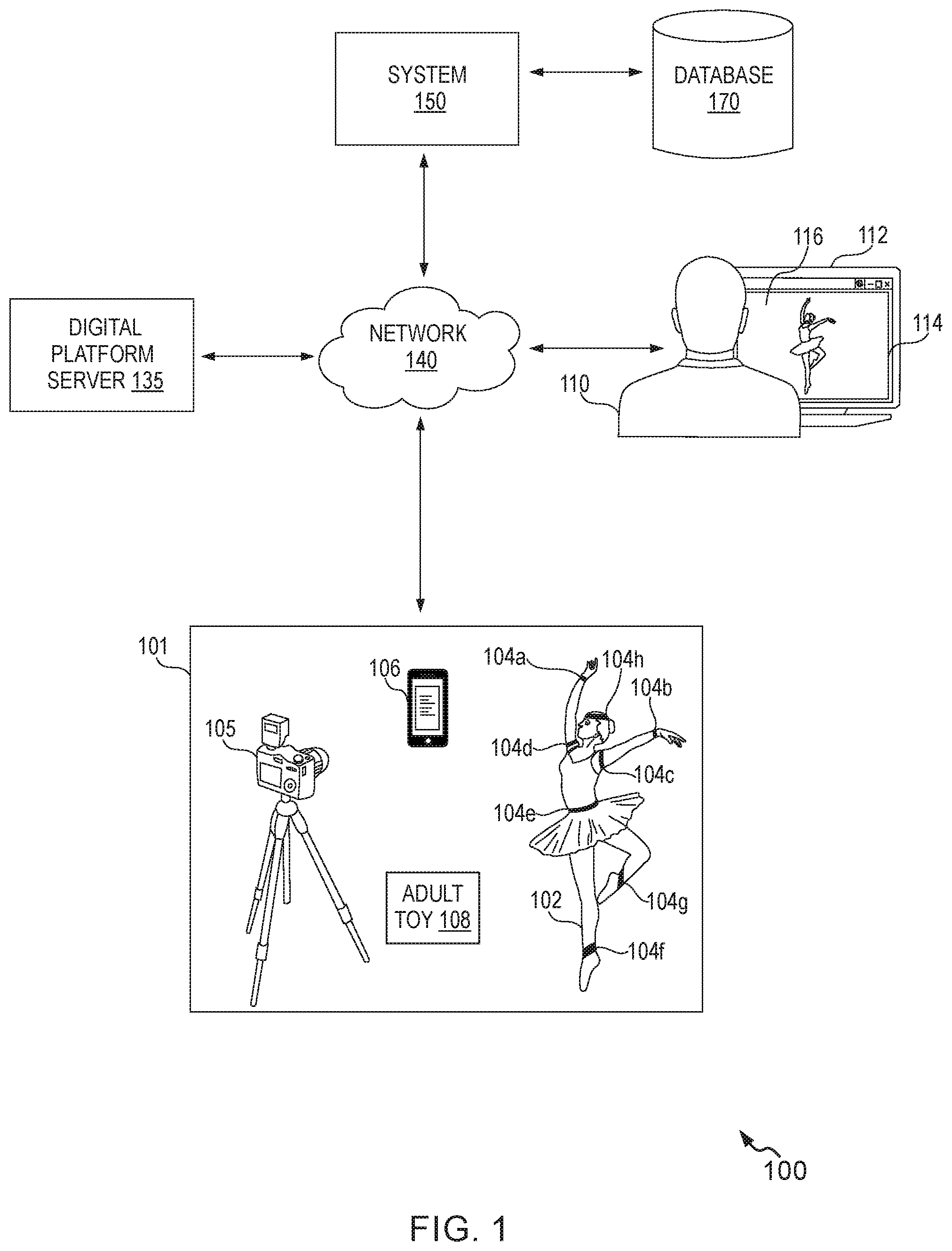 Patent US11854137 Figure 1 – Method and system for simulating a virtual performance using virtual characters for content viewers
