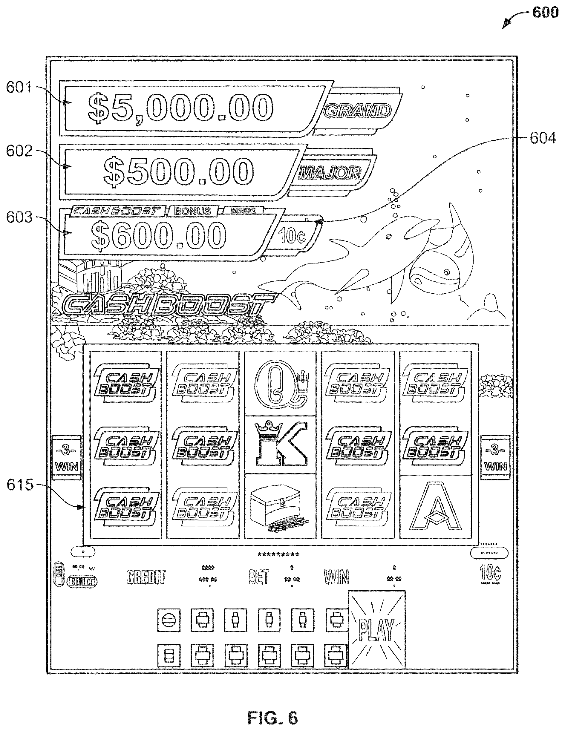 Patent US11854341 Figure 6 – Gaming device having prize ladder populated with incrementable prize levels