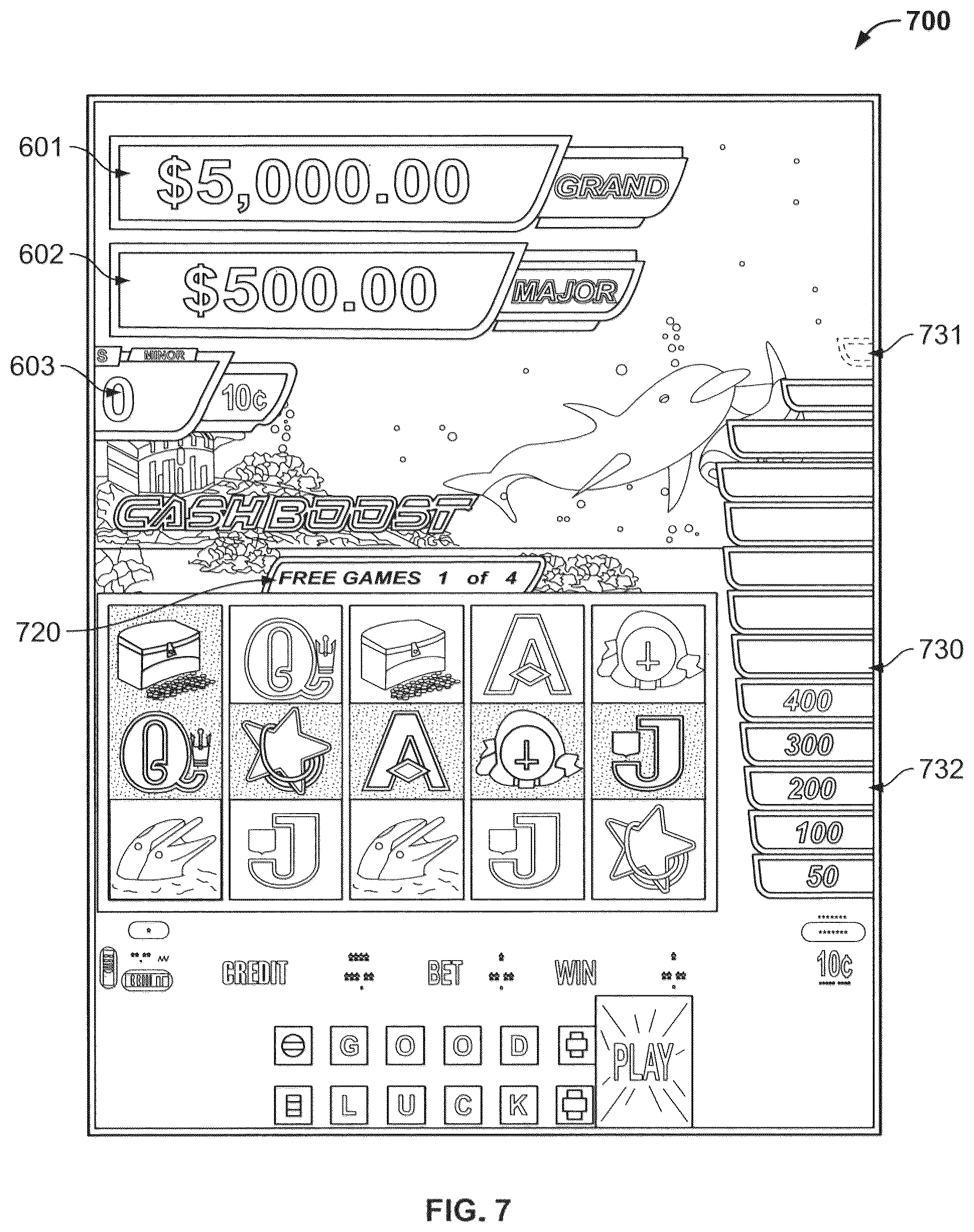 Patent US11854341 Figure 7 – Gaming device having prize ladder populated with incrementable prize levels