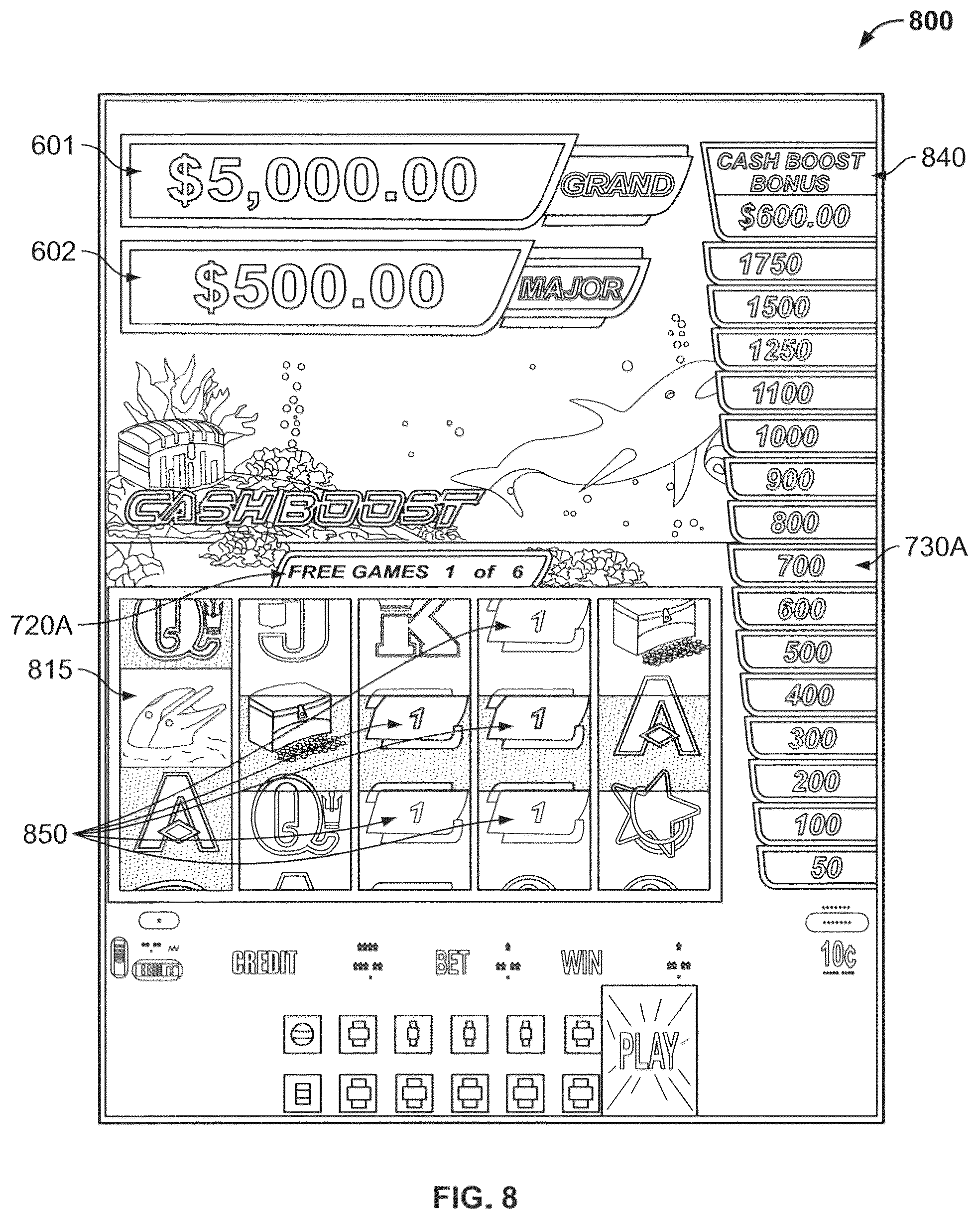 Patent US11854341 Figure 8 – Gaming device having prize ladder populated with incrementable prize levels