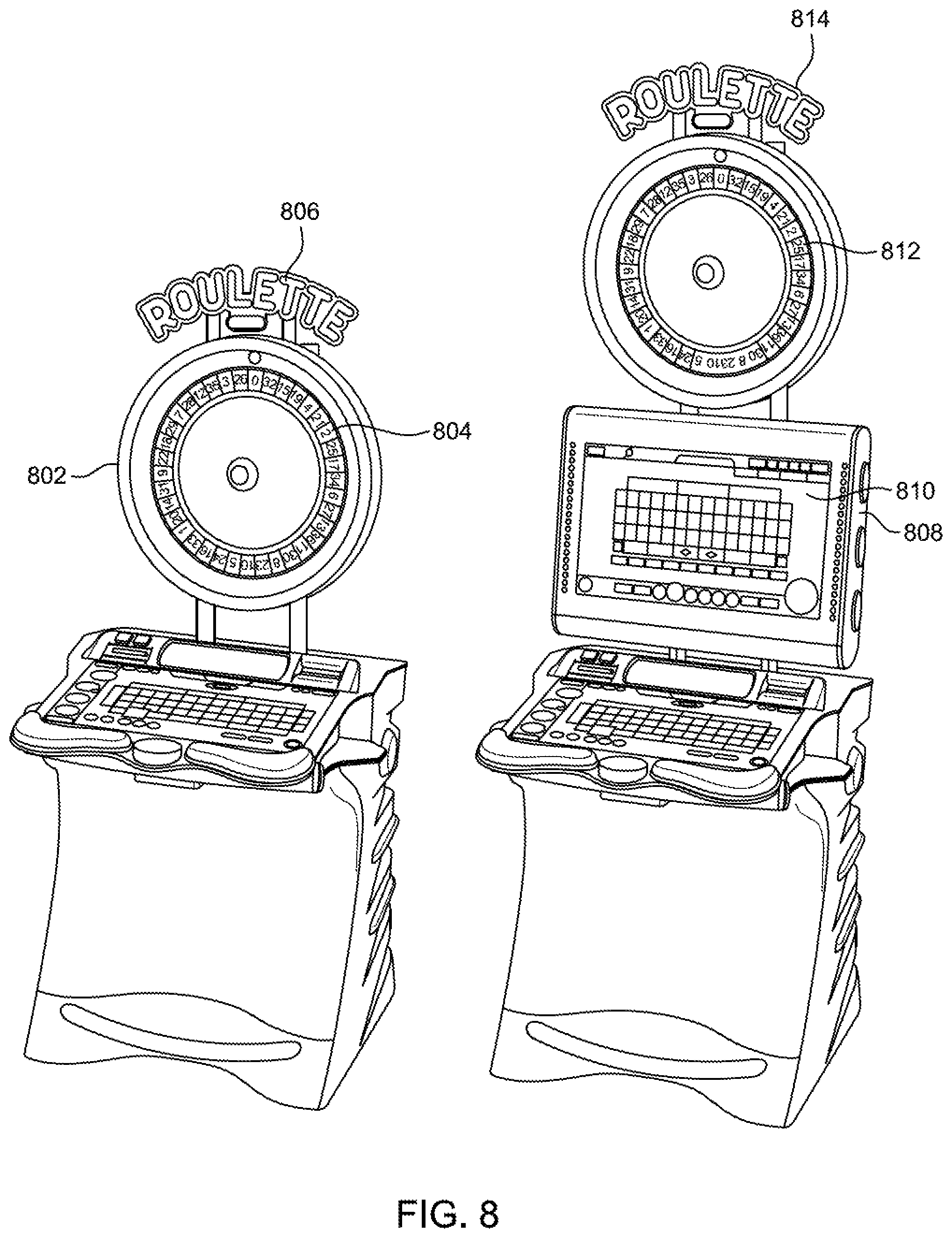 Patent US11854342 Figure 8 – Gaming cabinet with universal connection for mechanical game topper
