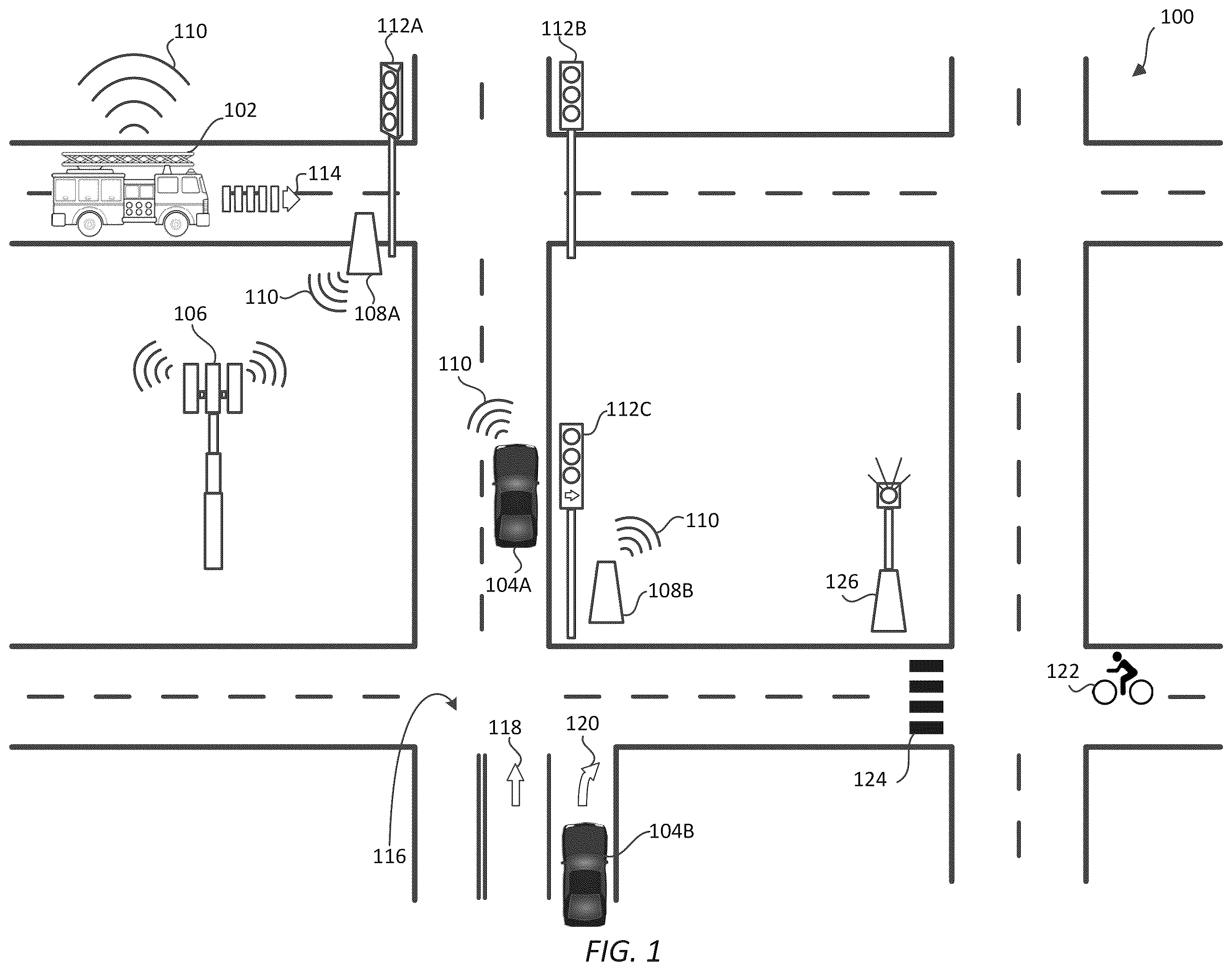 Patent US11854389 Figure 1 – Systems, methods, and devices for communication between traffic controller systems and mobile transmitters and receivers