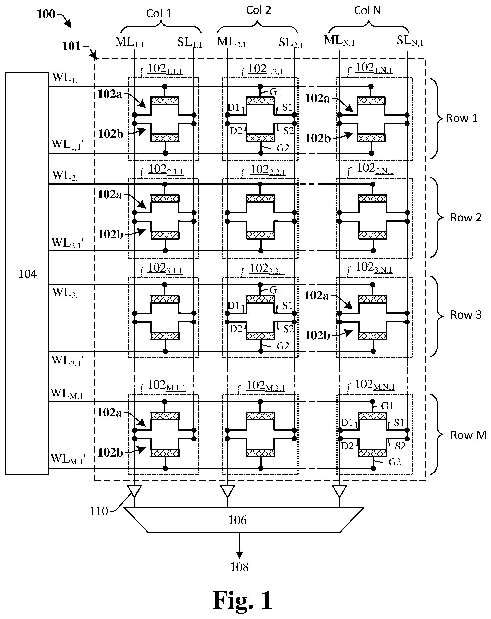 Patent US11854619 Figure 1 – Memory device with content addressable memory units