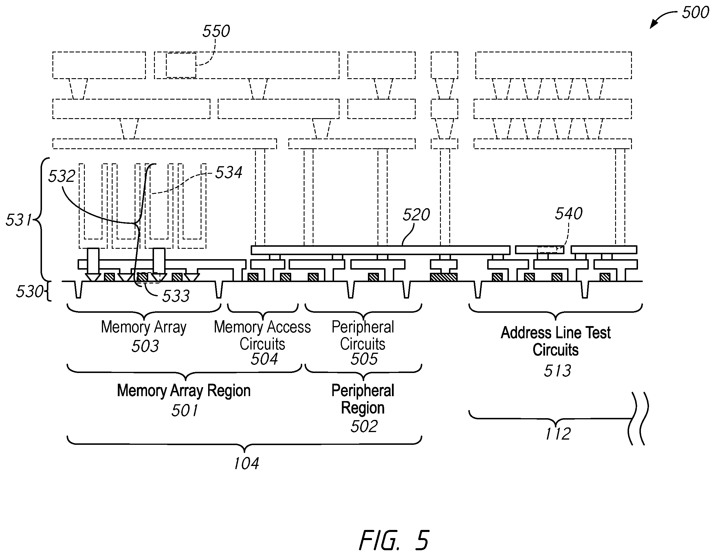 Patent US11854639 Figure 5 – Test circuit in scribe region for memory failure analysis