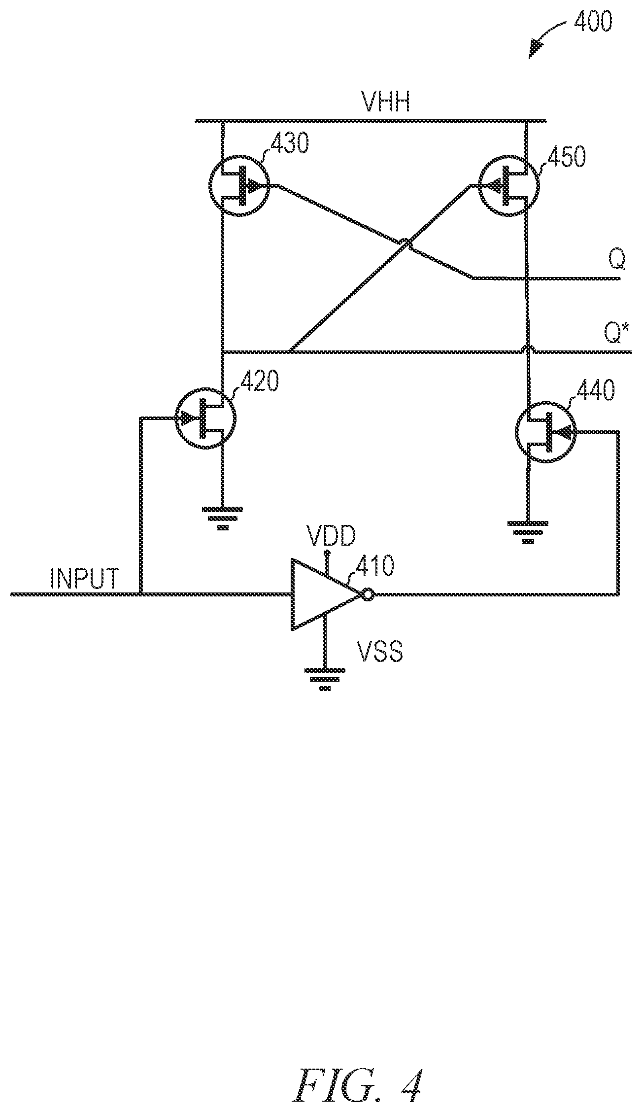 Patent US11854647 Figure 4 – Voltage level shifter transition time reduction
