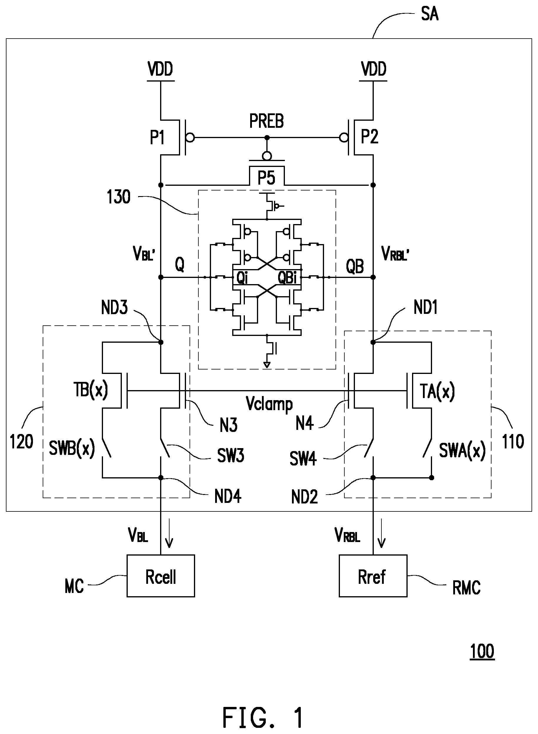 Patent US11854650 Figure 1 – Memory device, sense amplifier and method for mismatch compensation