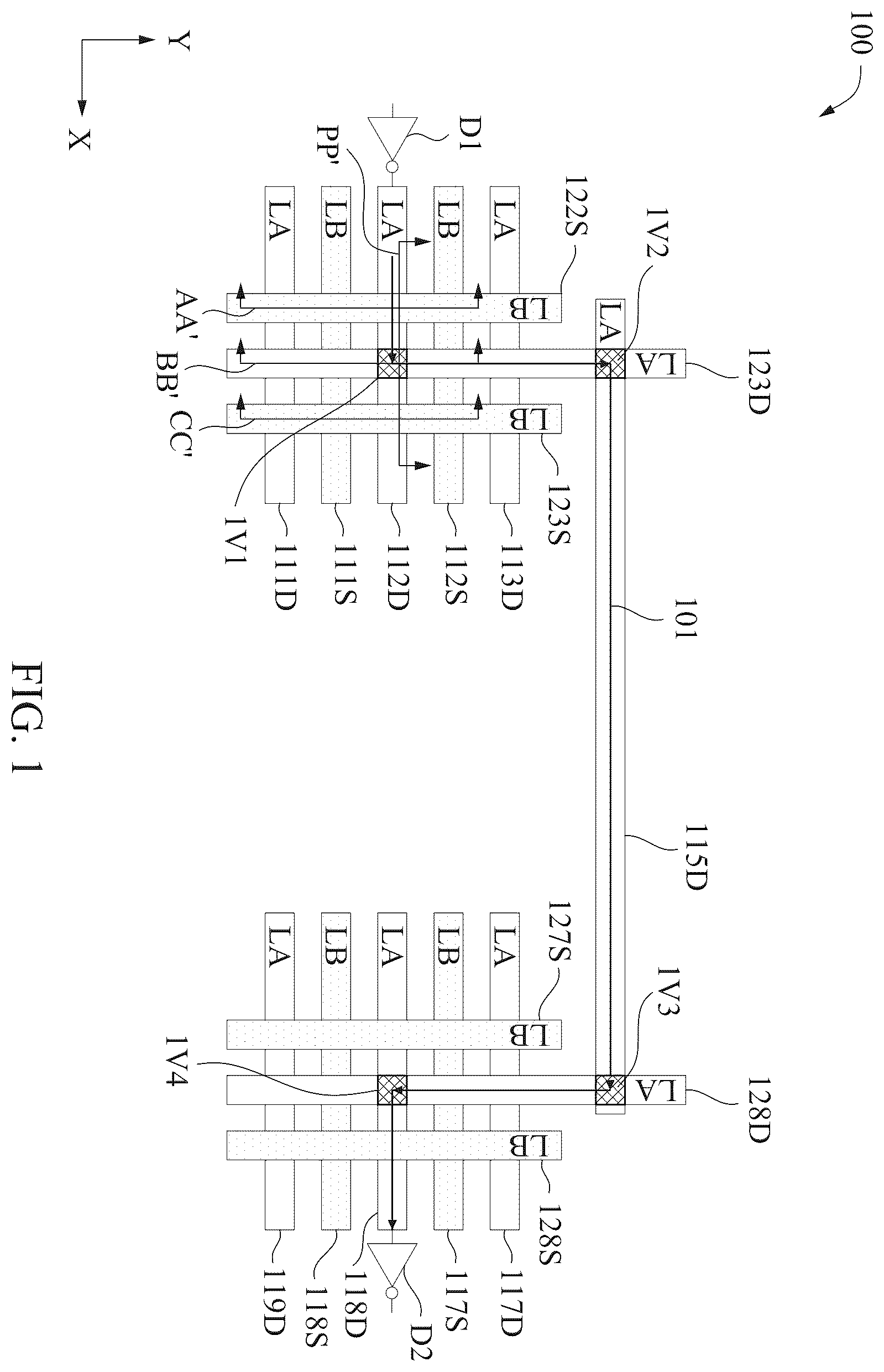 Patent US11854786 Figure 1 – Deep lines and shallow lines in signal conducting paths